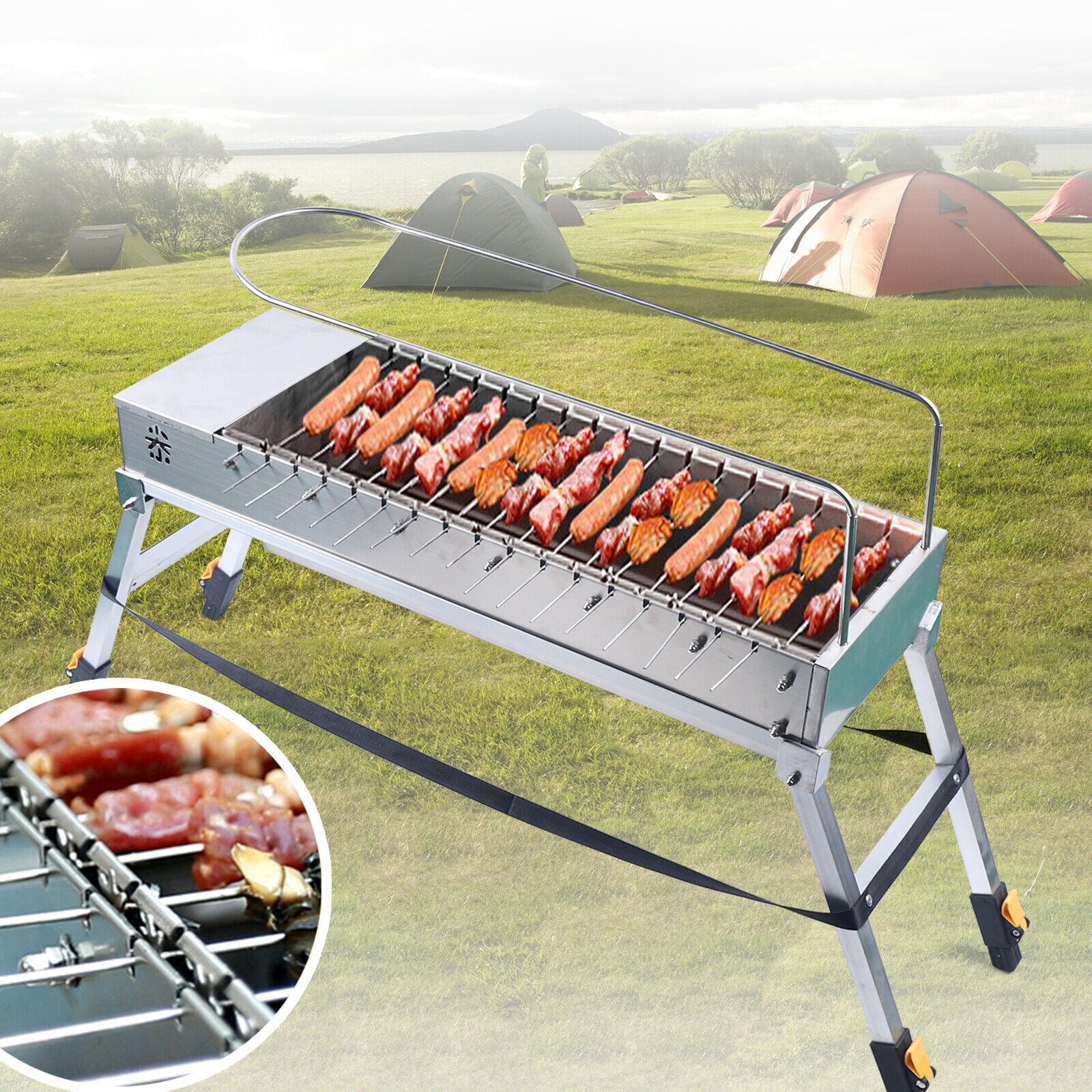 KONKENIE Foldable Electric BBQ Grill Stainless Steel Portable Outdoor Camping Barbecue Machine (Silver, 27 in x 9.5 in x 4.7 in) y1jlm