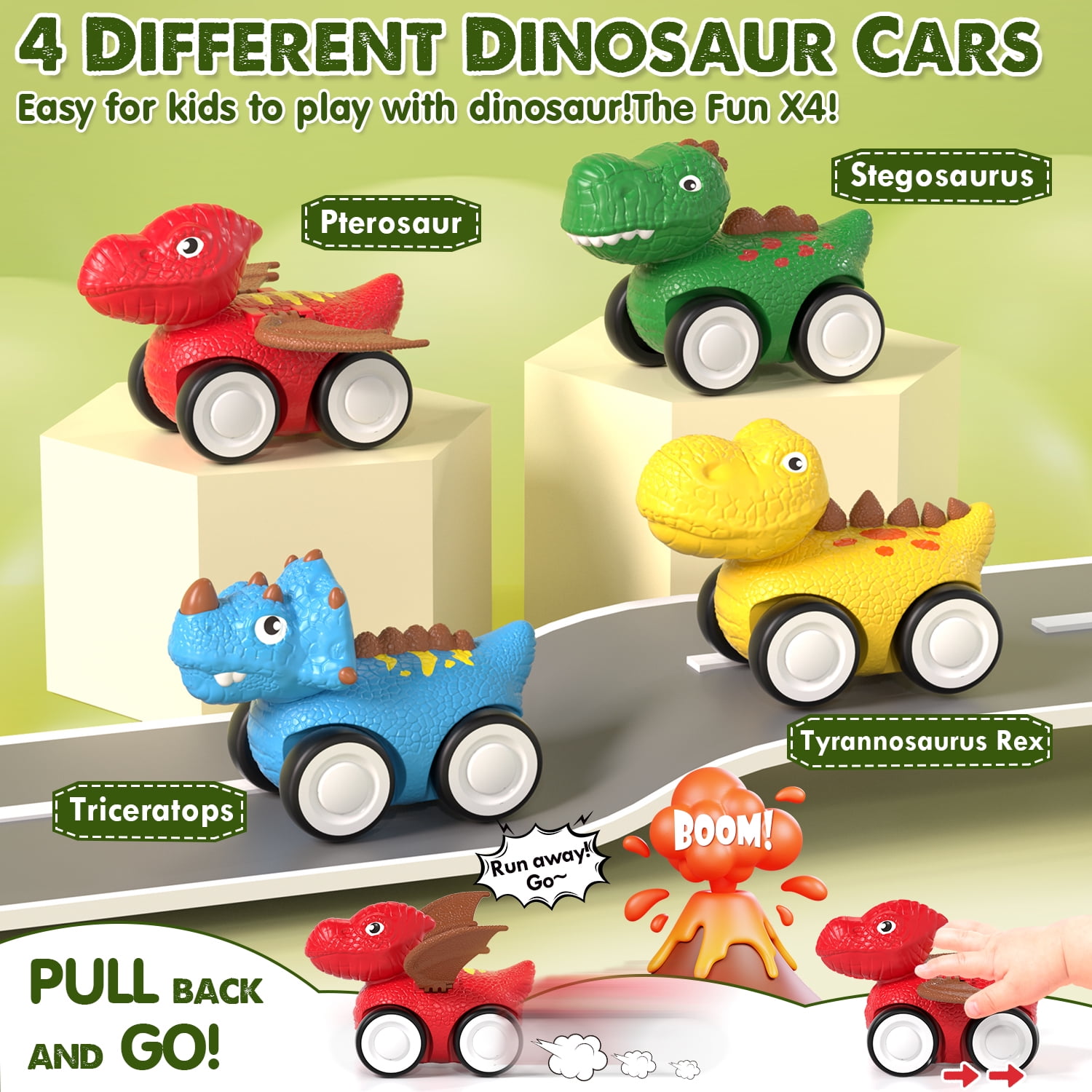 KWANITHINK Dinosaur Carrier Truck Toy Set with Lights and Sounds, Pull Back Mini Cars for Toddlers (Green, 12.38 in x 4.72 in x 5.31 in) fv1xm