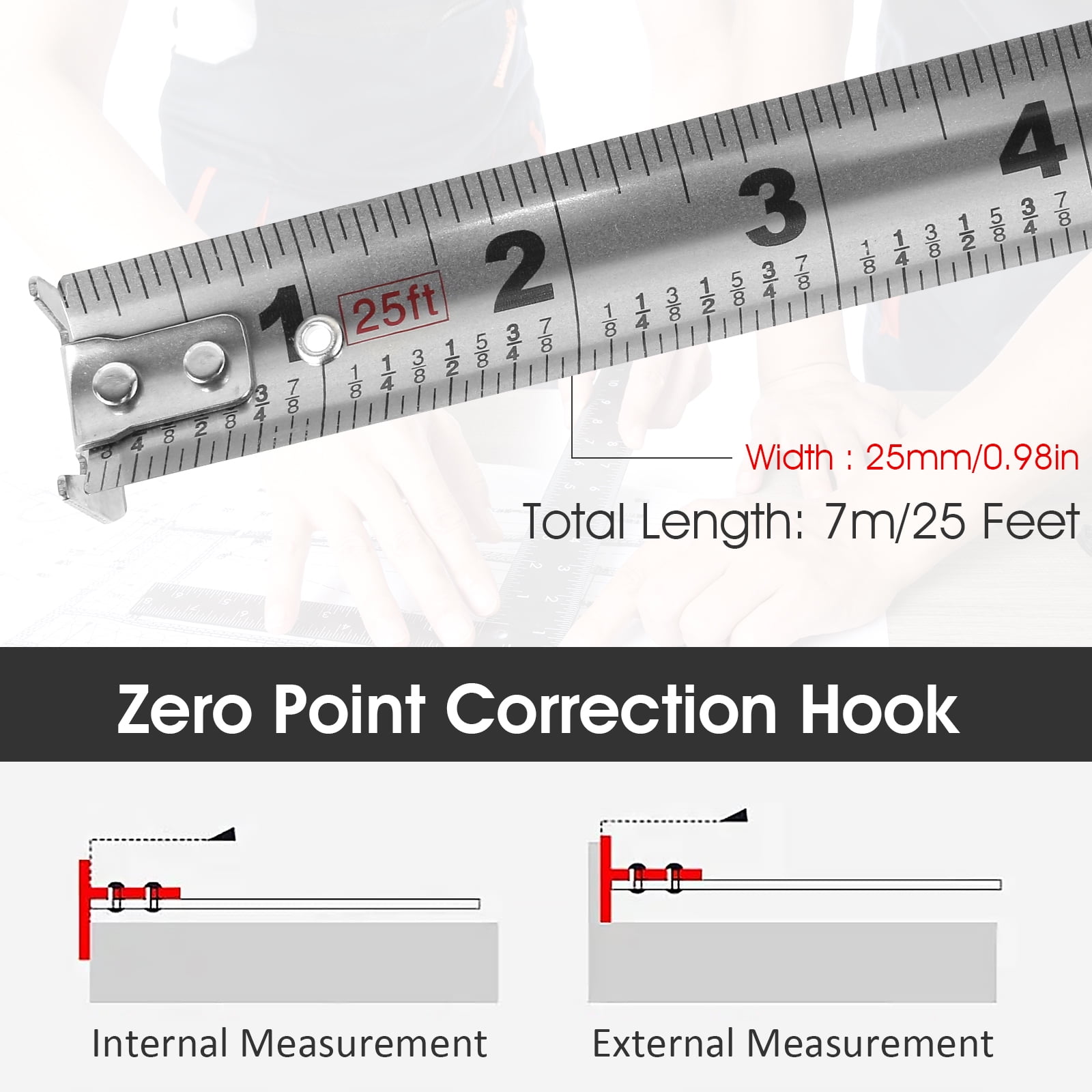 FVKRNYZ Retractable Measuring Tape, Heavy-Duty Stainless Steel Ruler with Double-Sided Scale, Waterproof for Woodworking and Construction (Grey, 25 ft) poglk