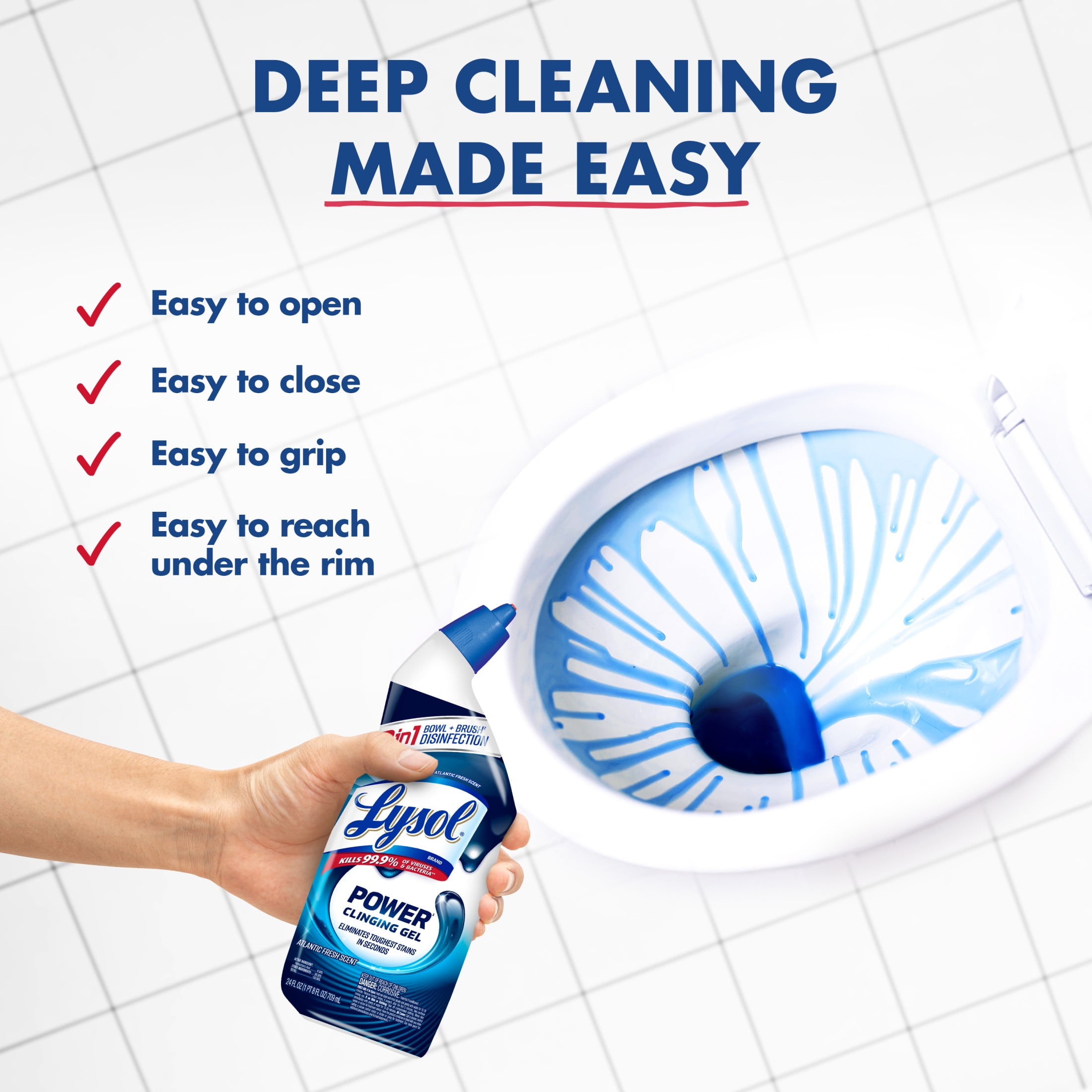 Lysol Power Toilet Bowl Cleaner Gel, Disinfecting and Stain Removal (Atlantic Fresh, 24 fl oz, 4 Pack) f2m3h