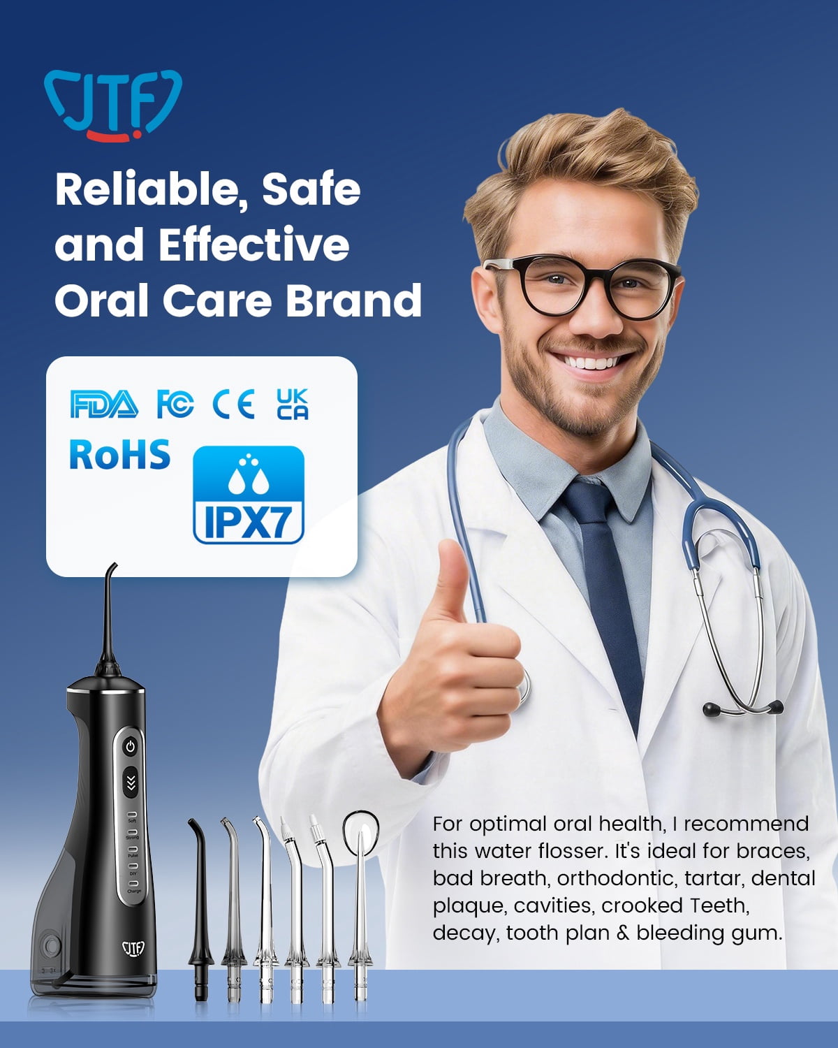 JTF Cordless Water Flosser for Teeth, Portable Oral Irrigator with 10 Pressure Levels and 9 Tips (Black, 10.14 fl oz) gkah9