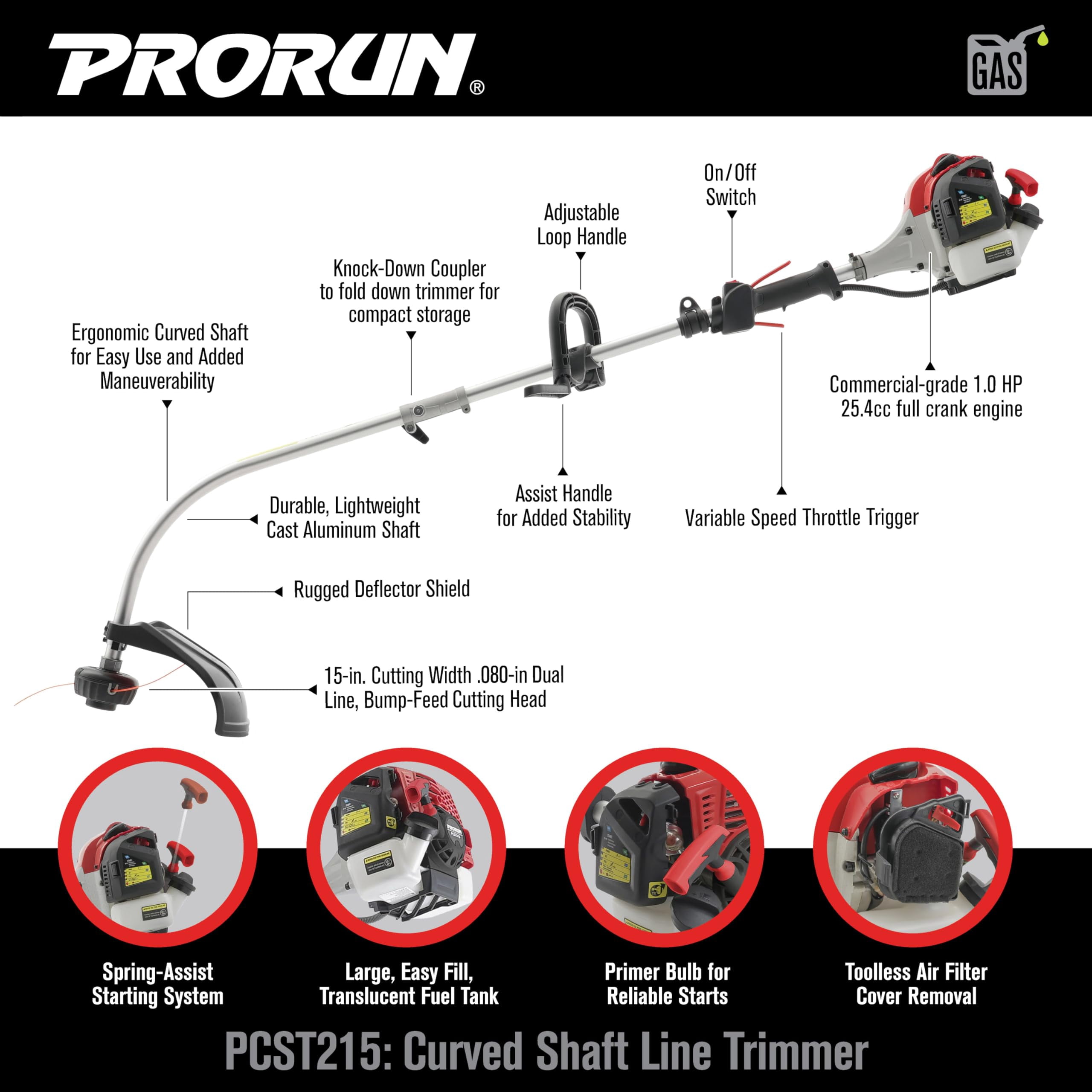 PRORUN 25.4cc Gas-Powered 2-Cycle Curved Shaft String Trimmer (Red, 15 in) cwahh