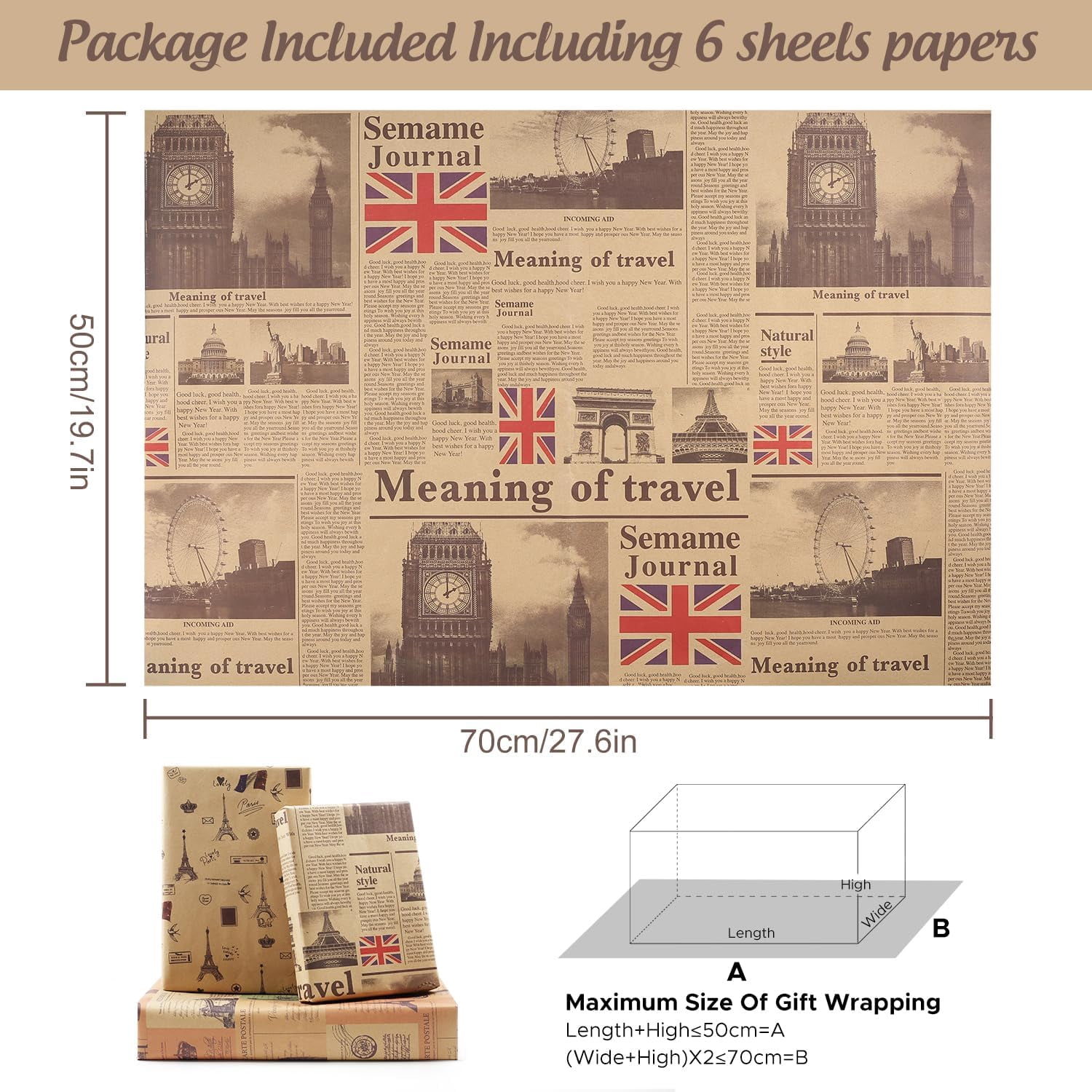 Benefree Vintage Europe Theme Gift Wrapping Paper Set (Multicolor, 6 Sheets 20x28 in) zf5d0