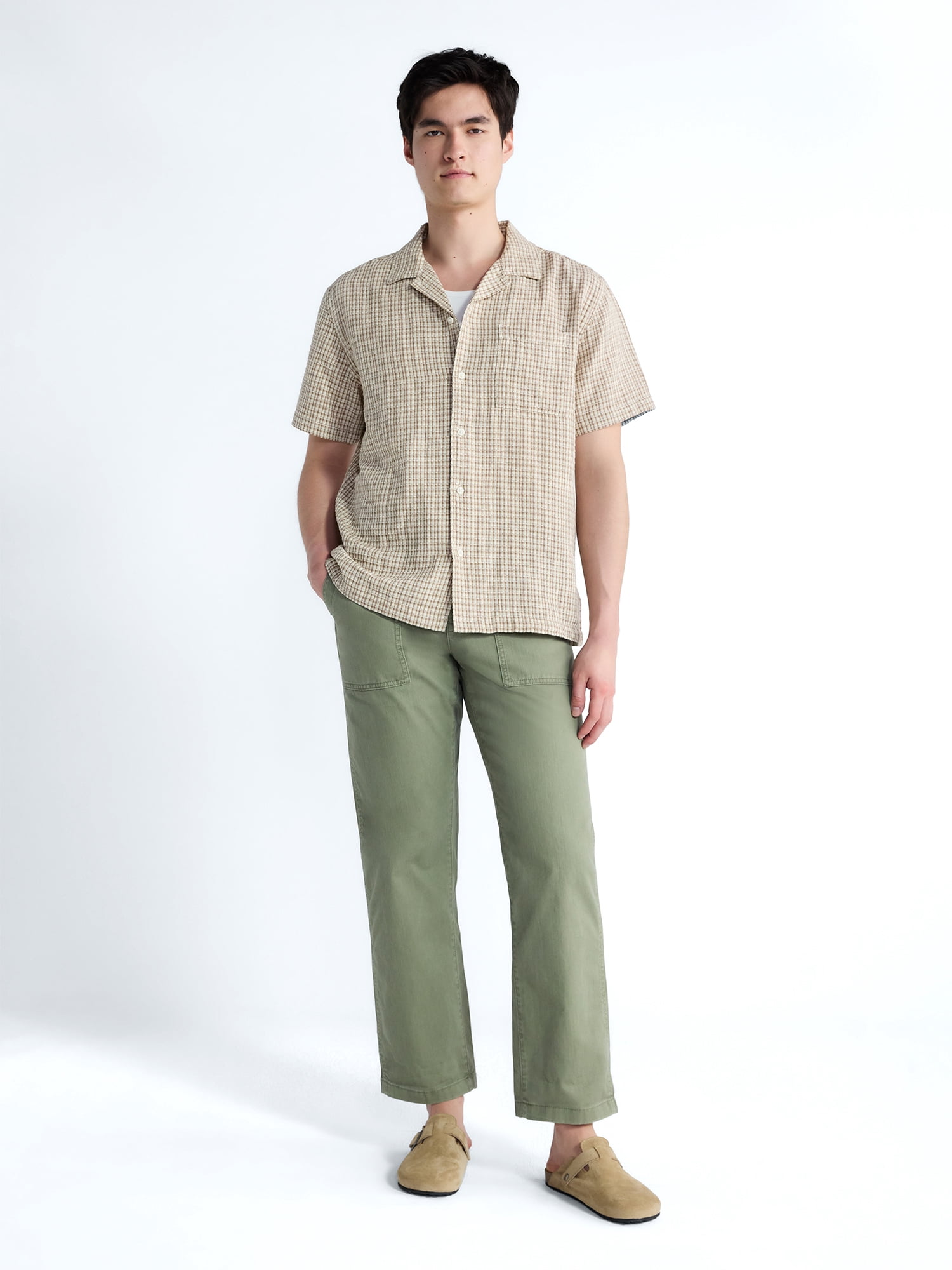 Free Assembly Men's Plaid Textured Cotton Camp Shirt (Brown, S) tvsfk