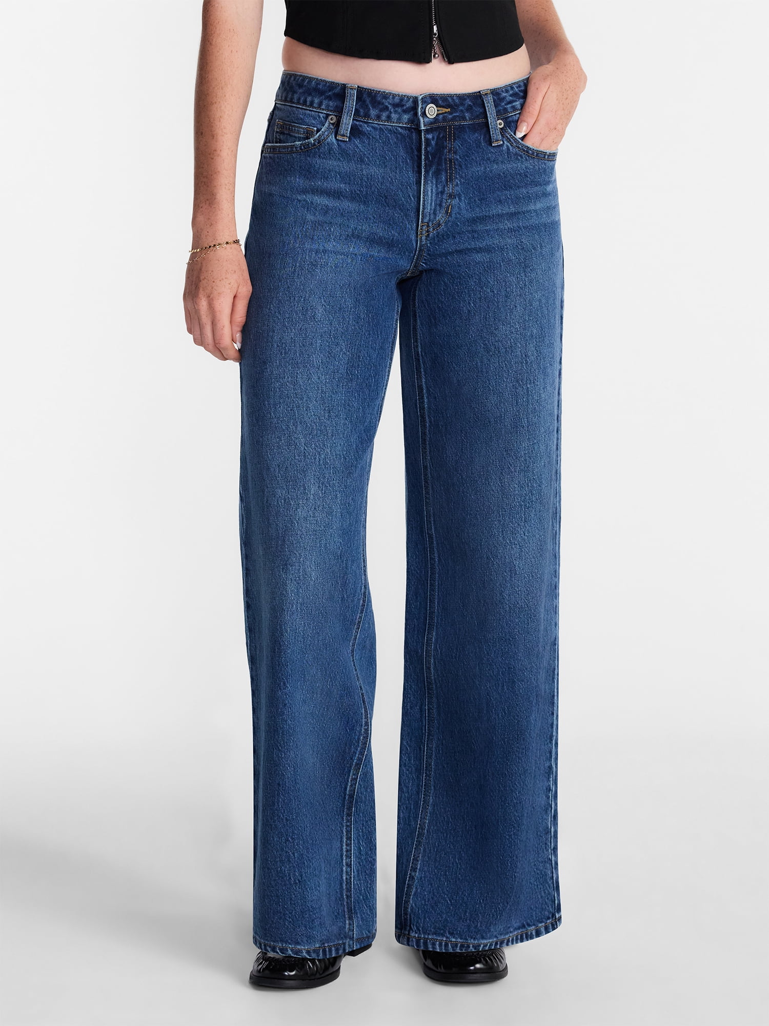 No Boundaries Women's Mid-Rise Baggy Jeans Relaxed Fit Wide Leg Denim (Grey, Size 4) 8q1ch