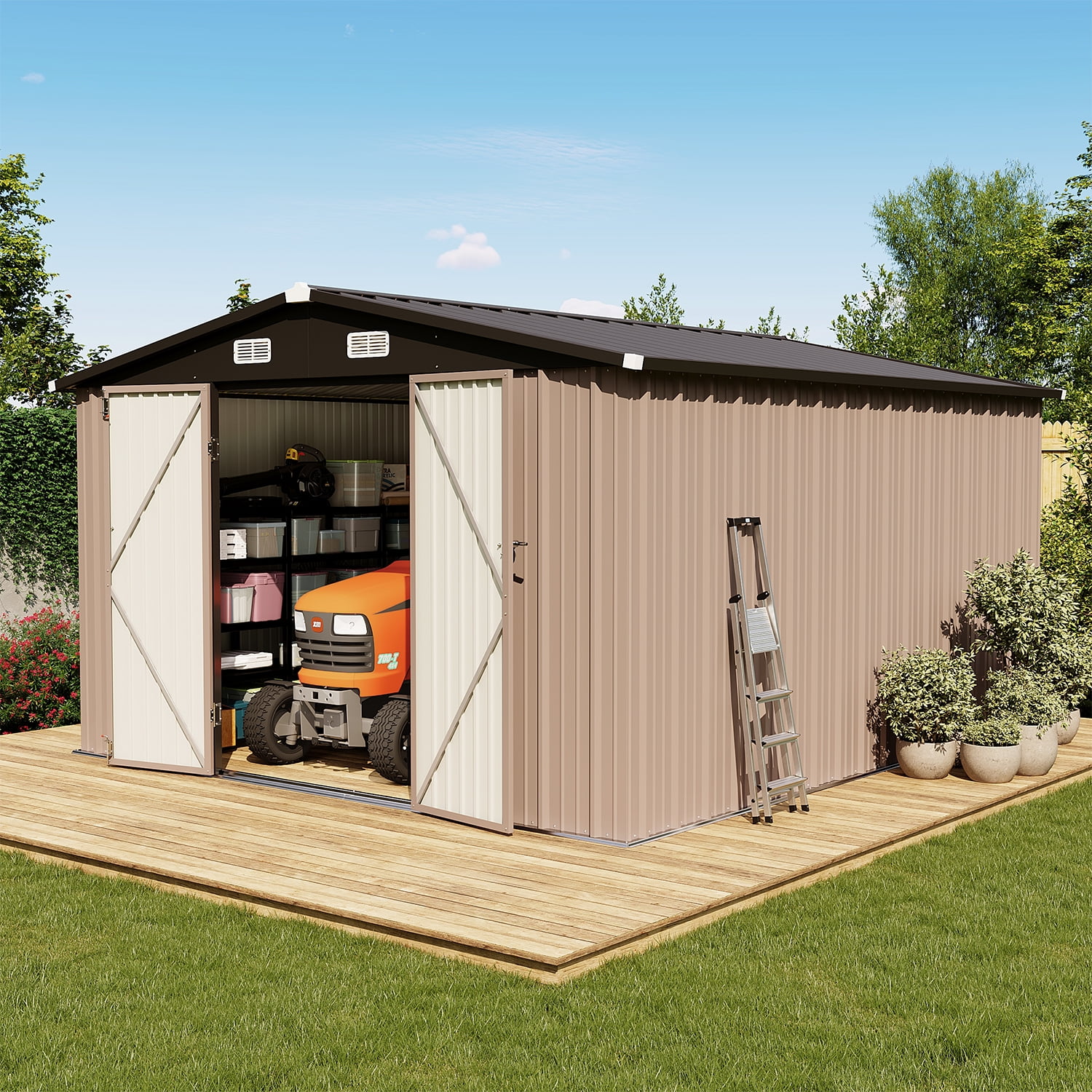 BaPiPro Metal Outdoor Storage Shed, Large Backyard Tool Shed with Lockable Door and Air Vent (Brown, 10 ft x 12 ft) i6pt5