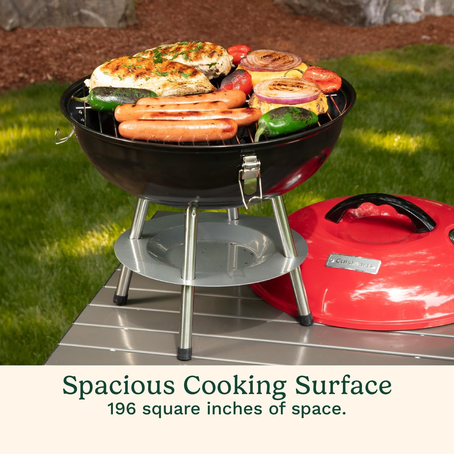 Cuisinart Charcoal Tabletop Kettle Grill, Portable Outdoor BBQ for Camping (Red, 14 in) k9934