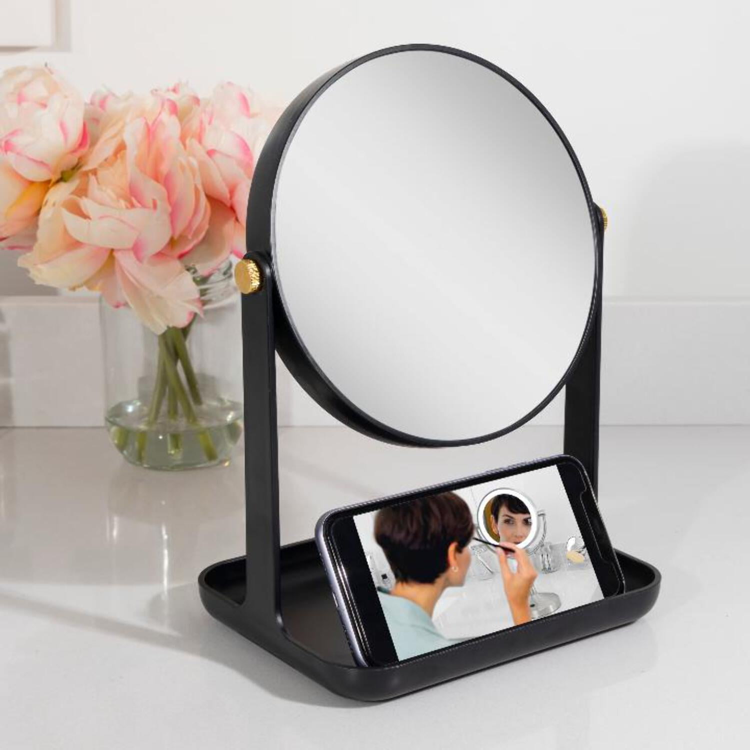 Zadro, Inc. Dual-Sided Magnification Makeup Mirror with Accessory Tray and Phone Holder (Black, 10.5 in x 7.75 in) cbqzy