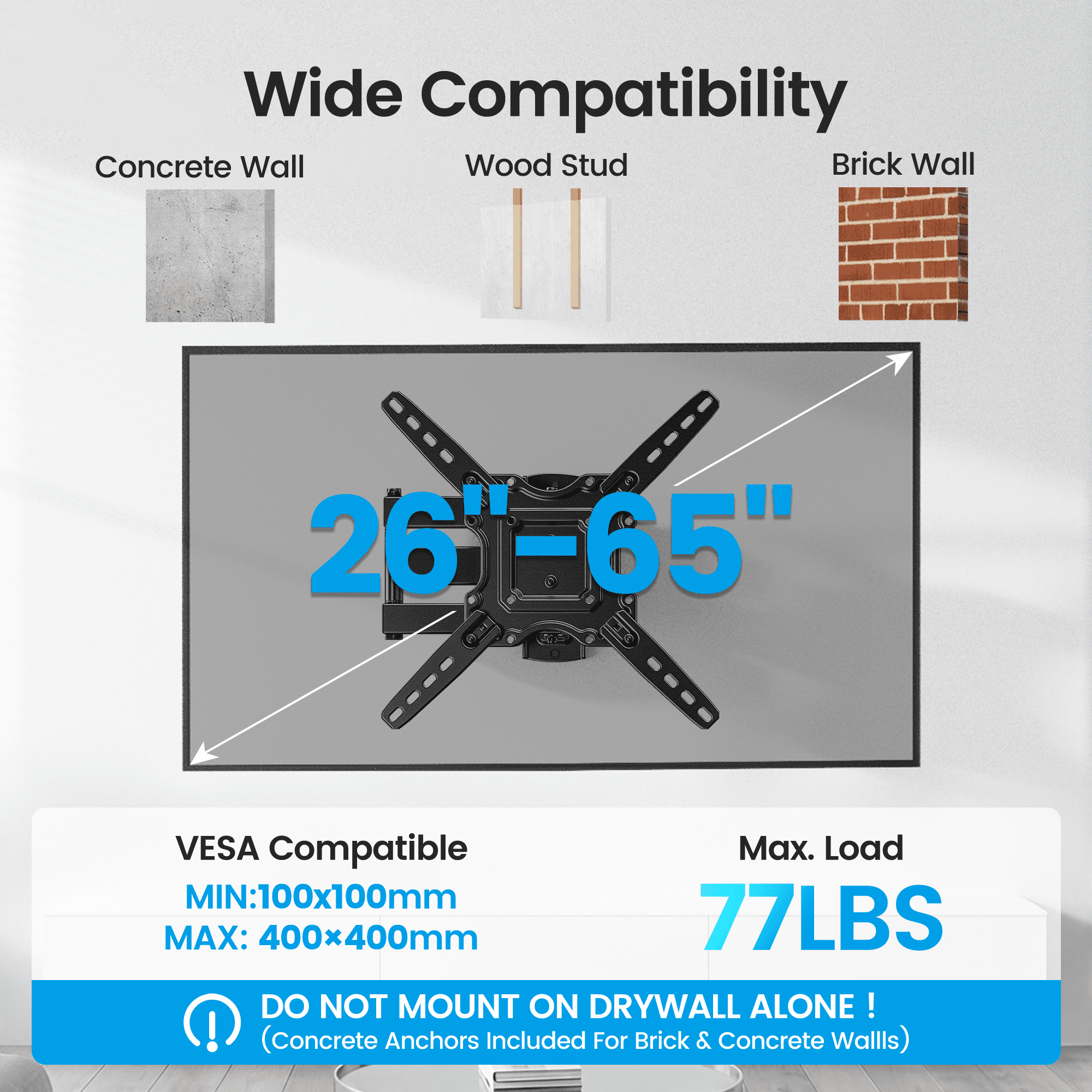 MountFTV Full Motion TV Wall Mount Bracket for 26-65 inch TVs (Articulating, Tilt, Swivel, 77 lb Capacity) x08tj