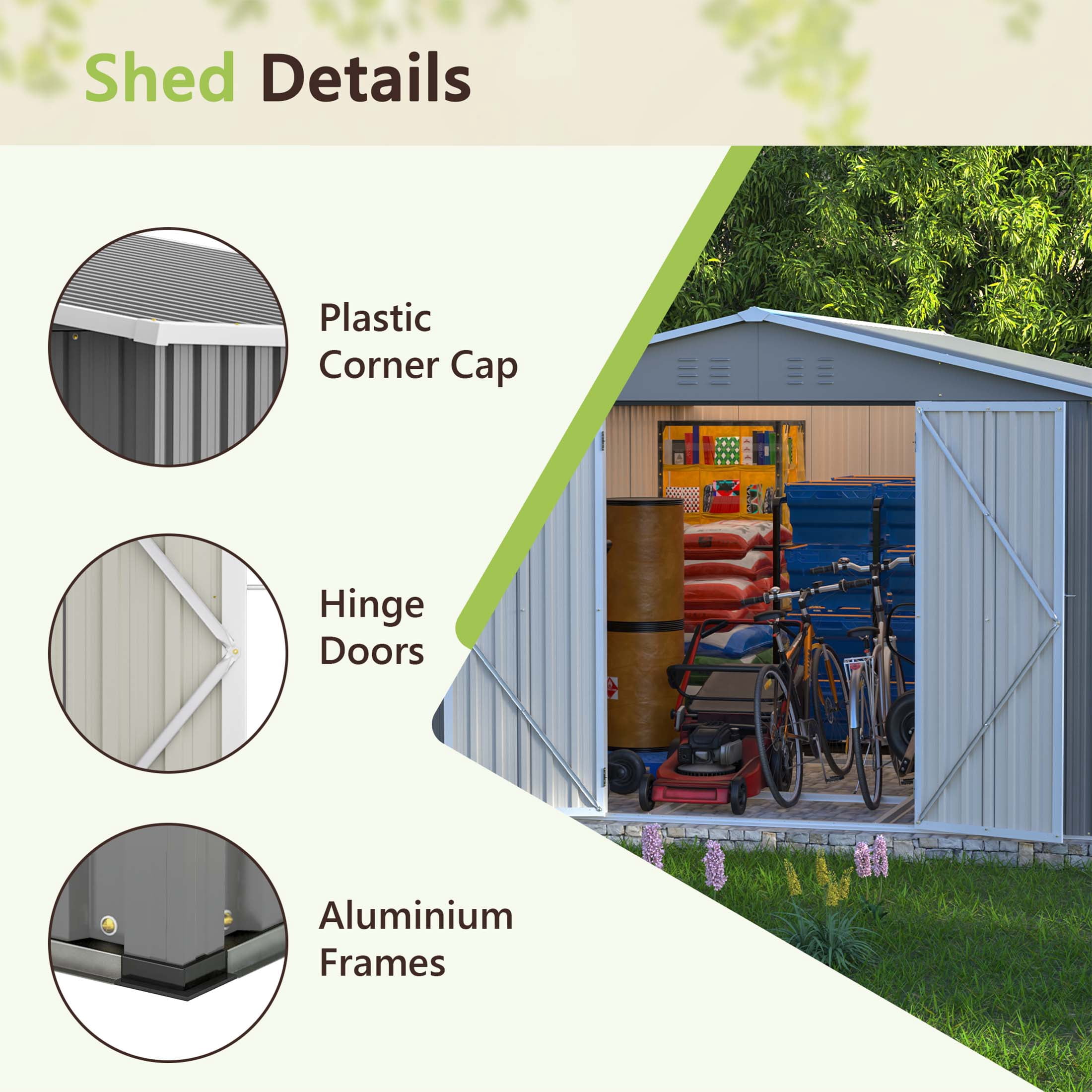 LZBEITEM Outdoor Storage Shed with Floor Frame Kit, Galvanized Steel Garden Tool Shed, Weatherproof Backyard Storage with Lockable Double Doors (Gray, 10 ft x 12 ft) 7fx83