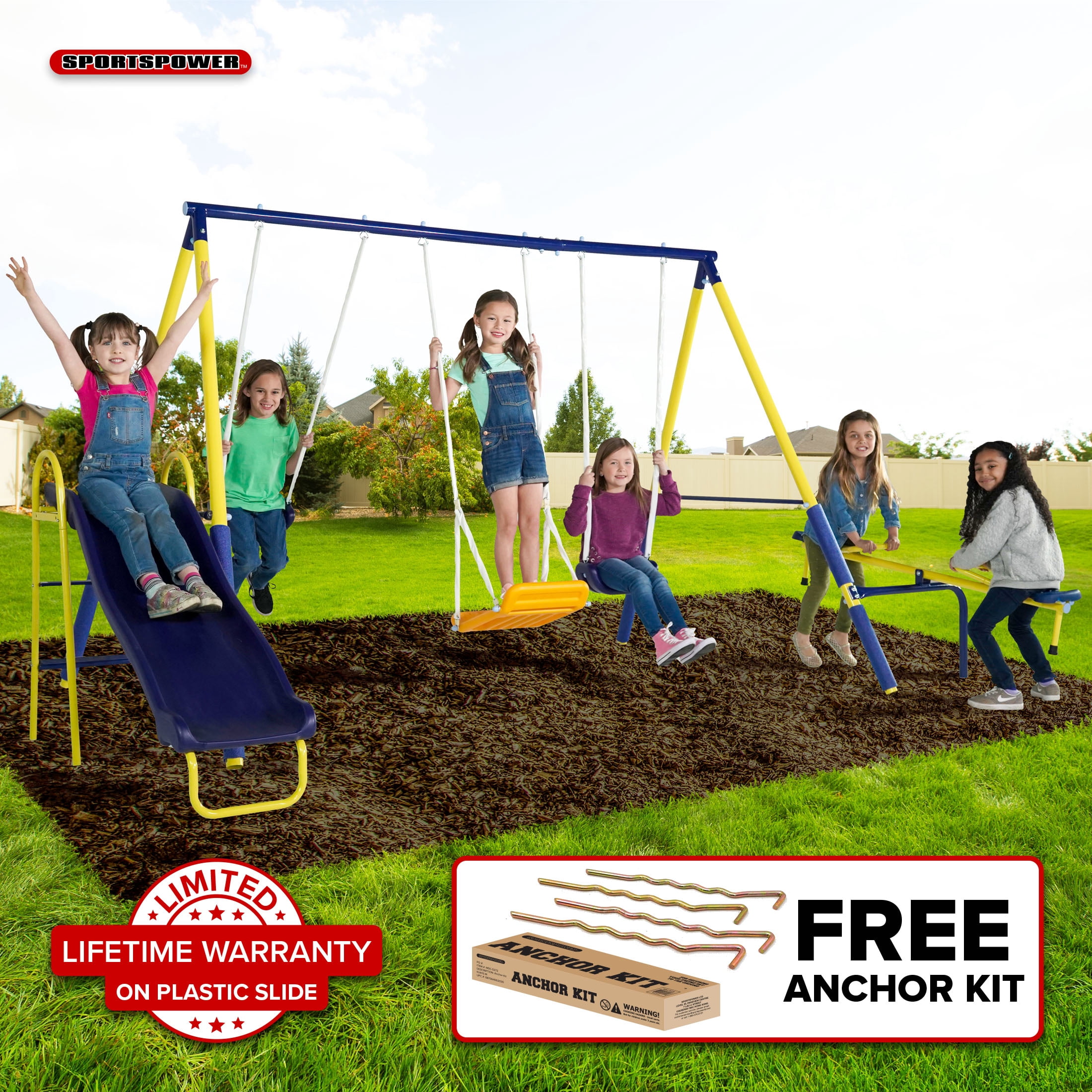 Sportspower Palmview Metal Swing Set with Teeter-Totter, Standing Swing, and 5 ft Slide (Blue) a4h6a