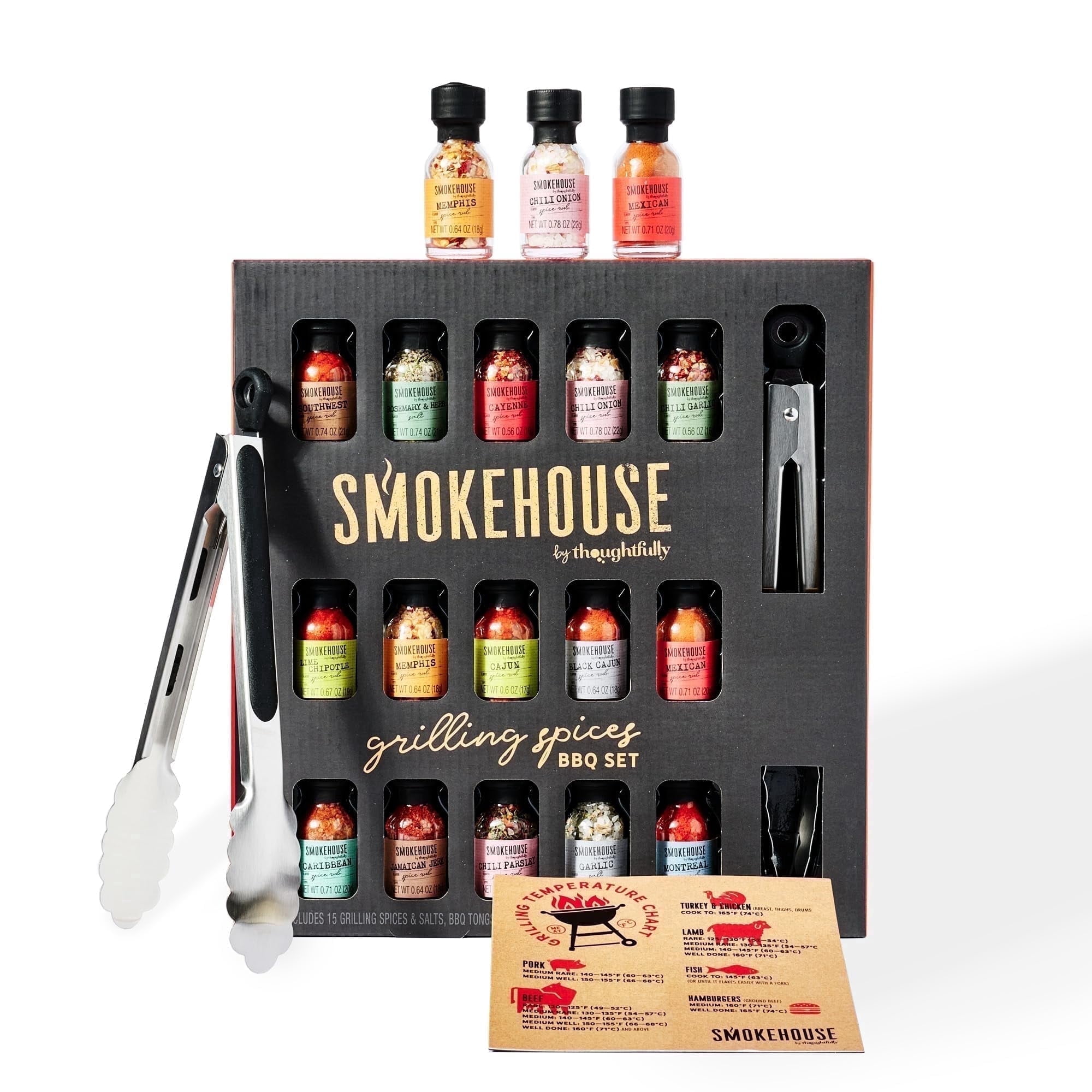 Thoughtfully Smokehouse Grilling Spices BBQ Set with Tongs and Magnet (15 Piece Set) gulfb