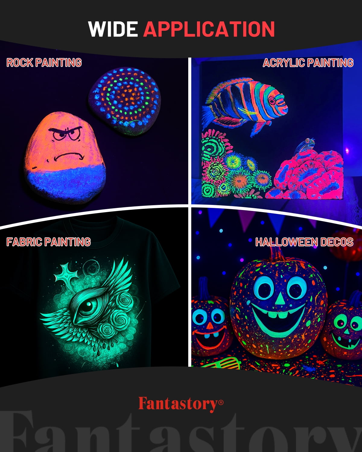 Fantastory Glow in The Dark Acrylic Paint Set, Fluorescent Neon Colors for Arts and Crafts (10 Pack, 2 fl oz) sehv9