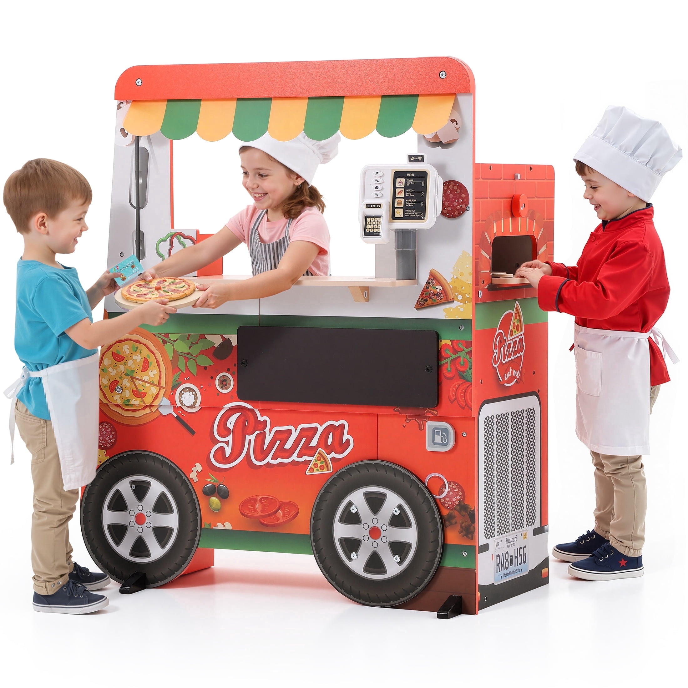 iYofe Wooden Food Truck Play Kitchen Set with Interactive Light and Sound (Red, 31.69 in x 18.1 in x 36.61 in) ilptb