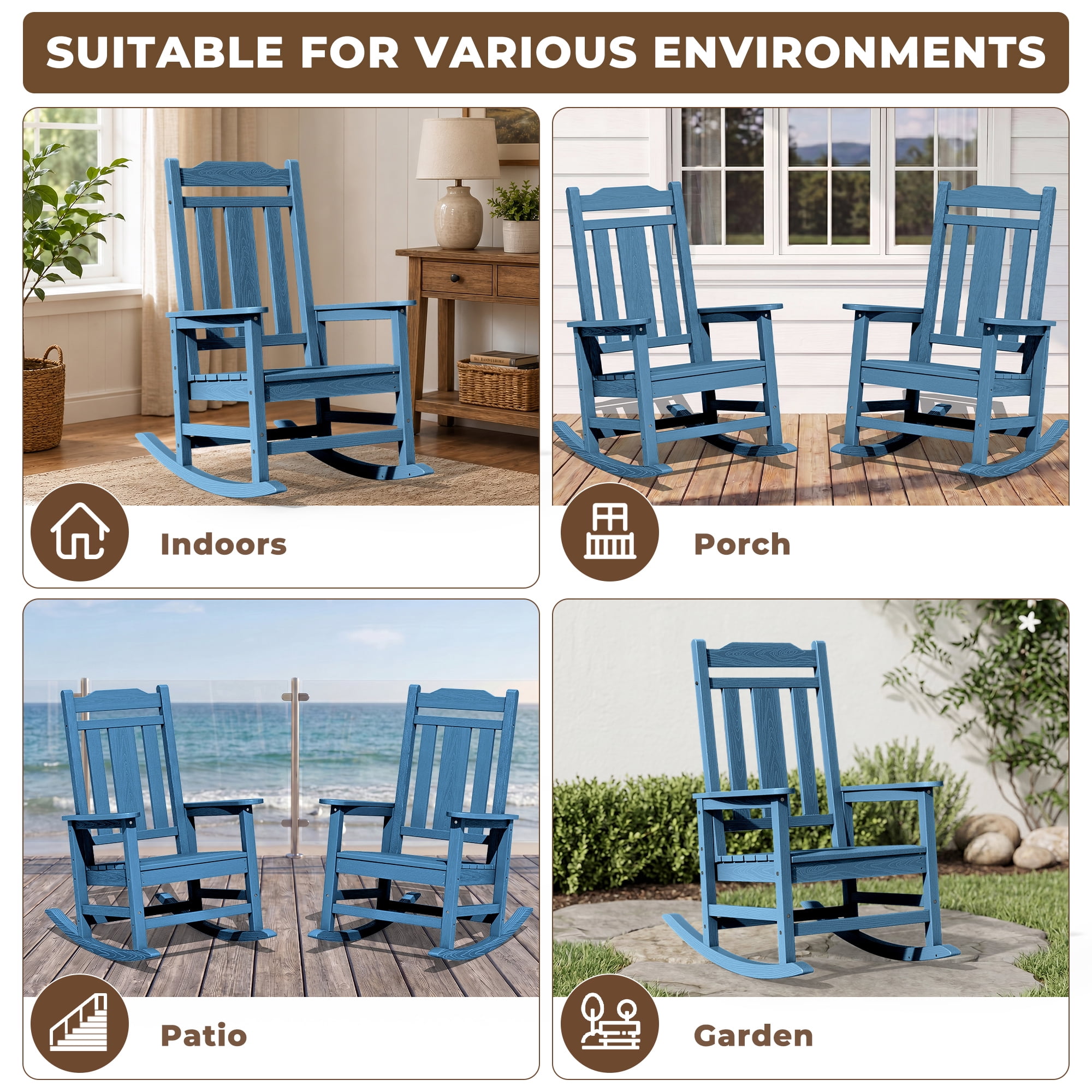SERWALL Oversized Outdoor Rocking Chair, All-Weather HDPE Patio Rocker for Porch and Garden (Navy, 35 in D x 26.9 in W x 41.3 in H) b1i70