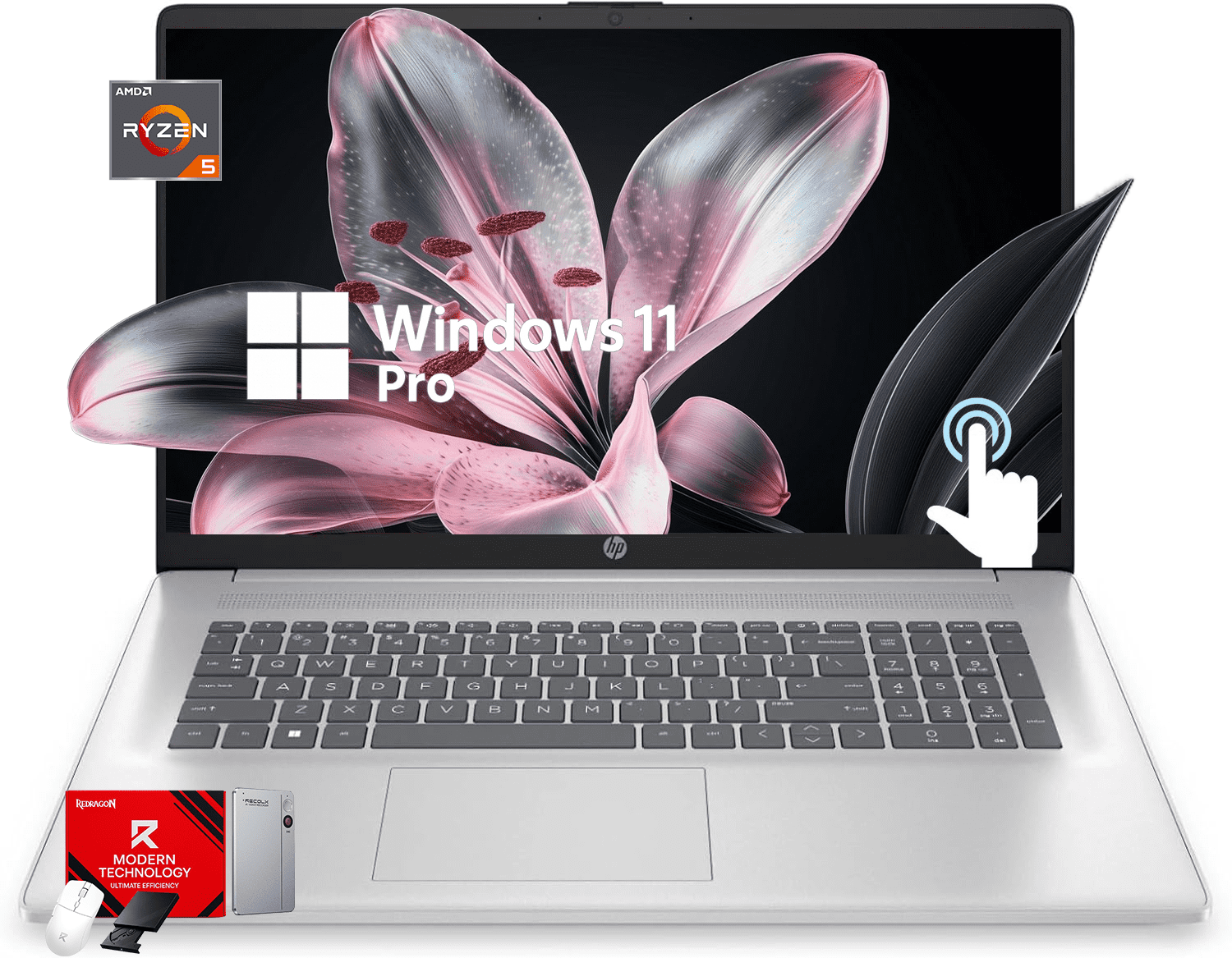 HP 17.3-inch Touchscreen Laptop, AMD Ryzen 5 7530U, 8GB RAM, 256GB SSD, Windows 11 Pro (Silver) 2j05t