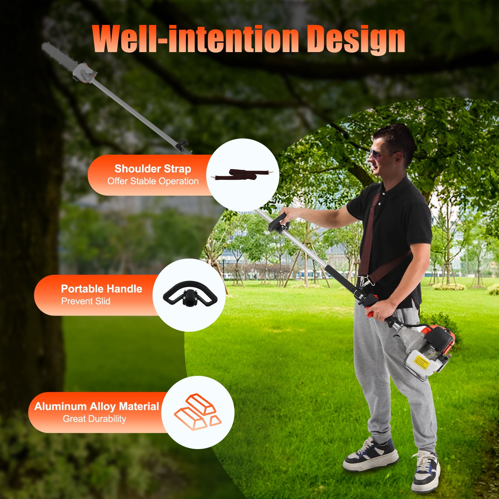 ChicHomey 52CC 2-Stroke Gas Pole Saw Chainsaw, Adjustable Height High Branch Pruner (Orange, 90.55 in) 4ov48