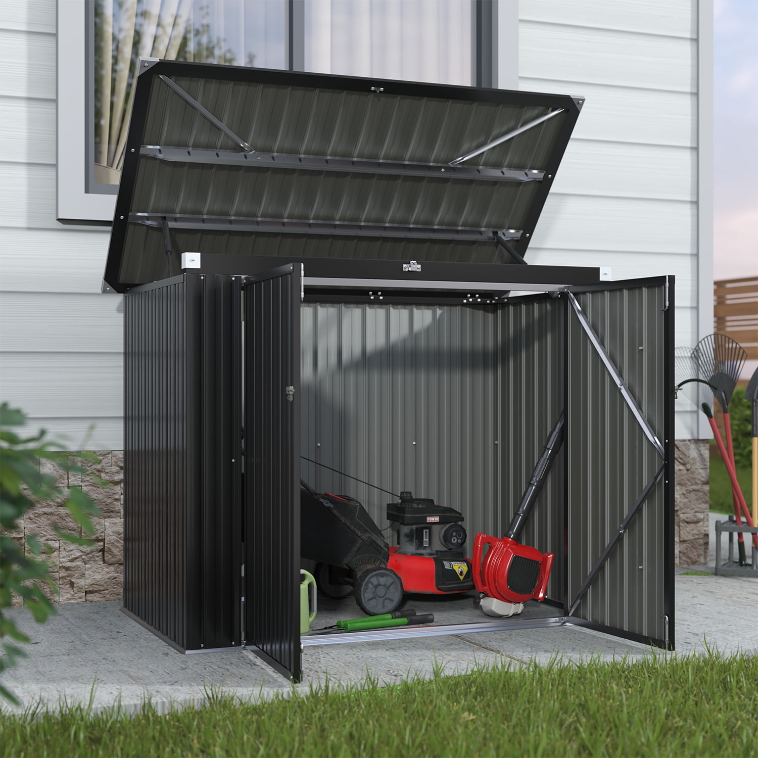 CLOUDDWELL Outdoor Metal Trash Storage Shed, Weather-Resistant Garbage Bin Enclosure with Lockable Doors (Black, 3 ft x 5 ft) 273uf