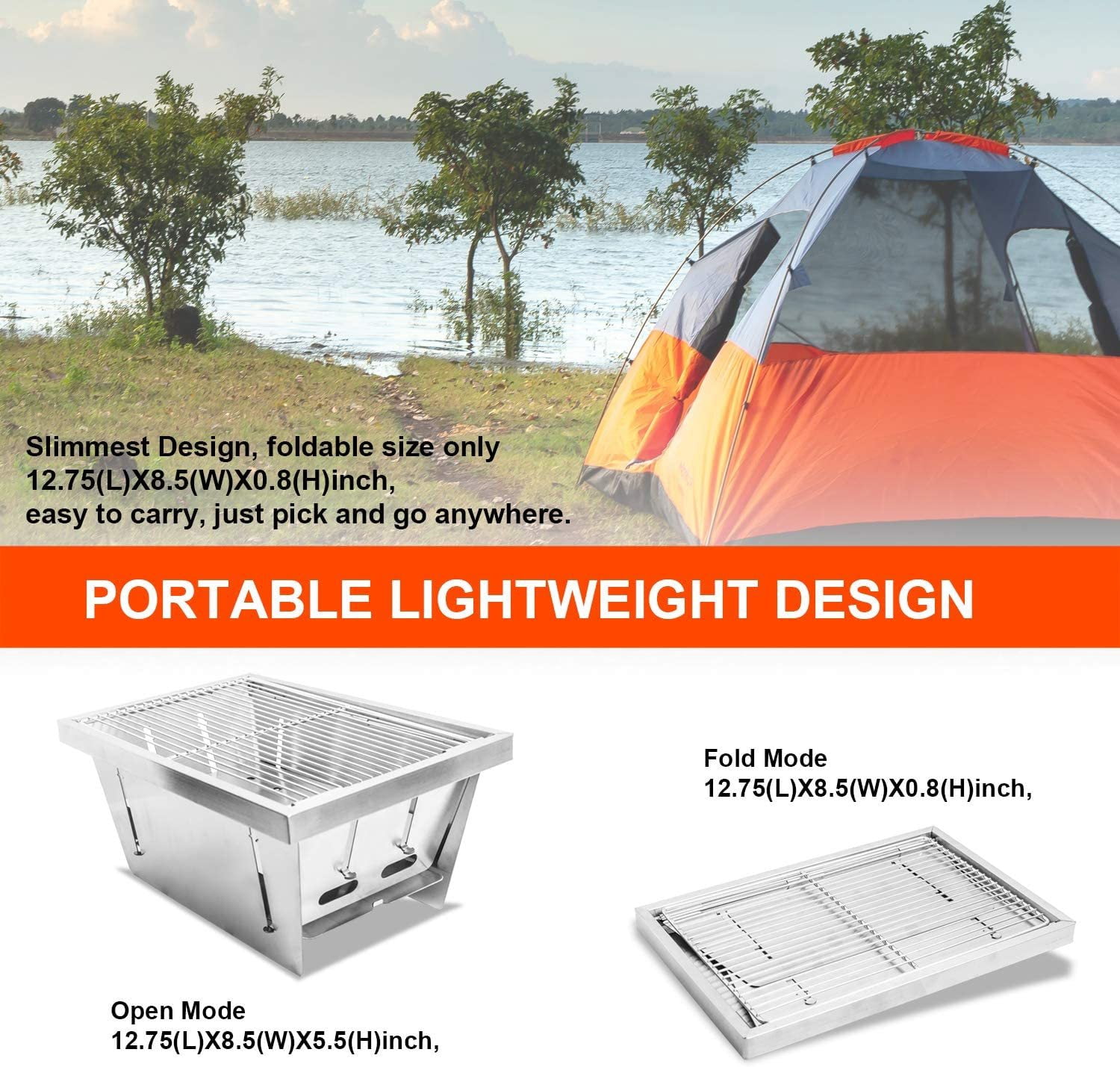 Dazone Charcoal Foldable Outdoor Grill, Portable Stainless Steel BBQ Stove (Silver, 7.50 in) a6v80