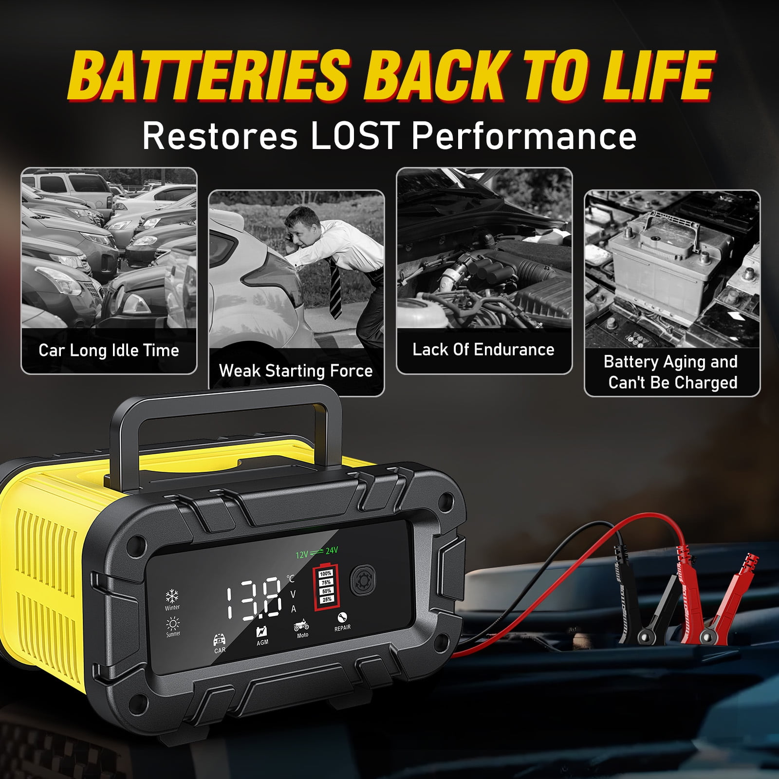 HUSGW Smart Car Battery Charger, Fully-Automatic 12V 20A and 24V 10A Dual Voltage Power Supply for Lead-Acid and LiFePO4 Batteries (Yellow) 09uza