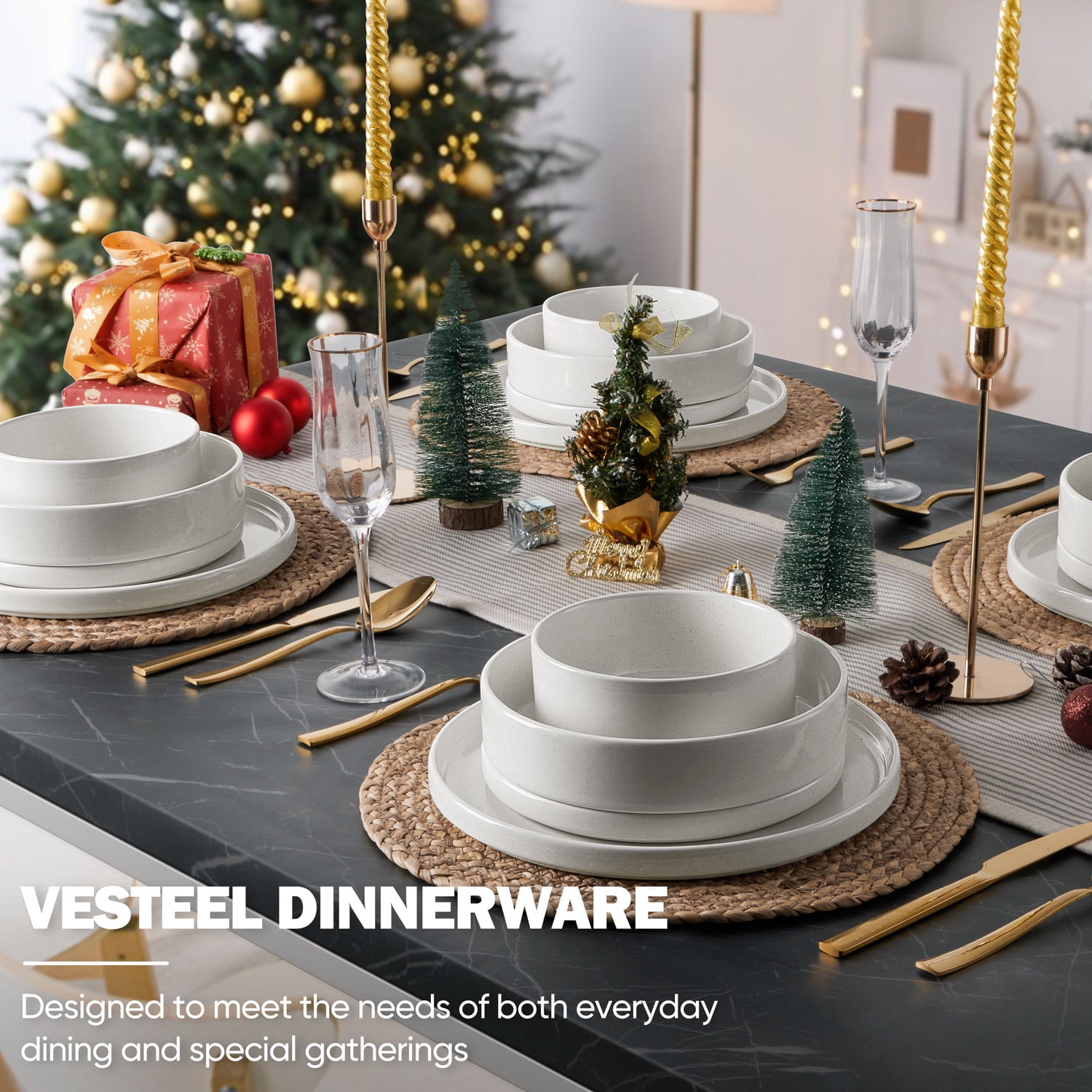 Vesteel 16-Piece Stoneware Dinnerware Set, Speckled Kitchen Dishes for 4 (Off-white, 16 Pieces) 4rt86