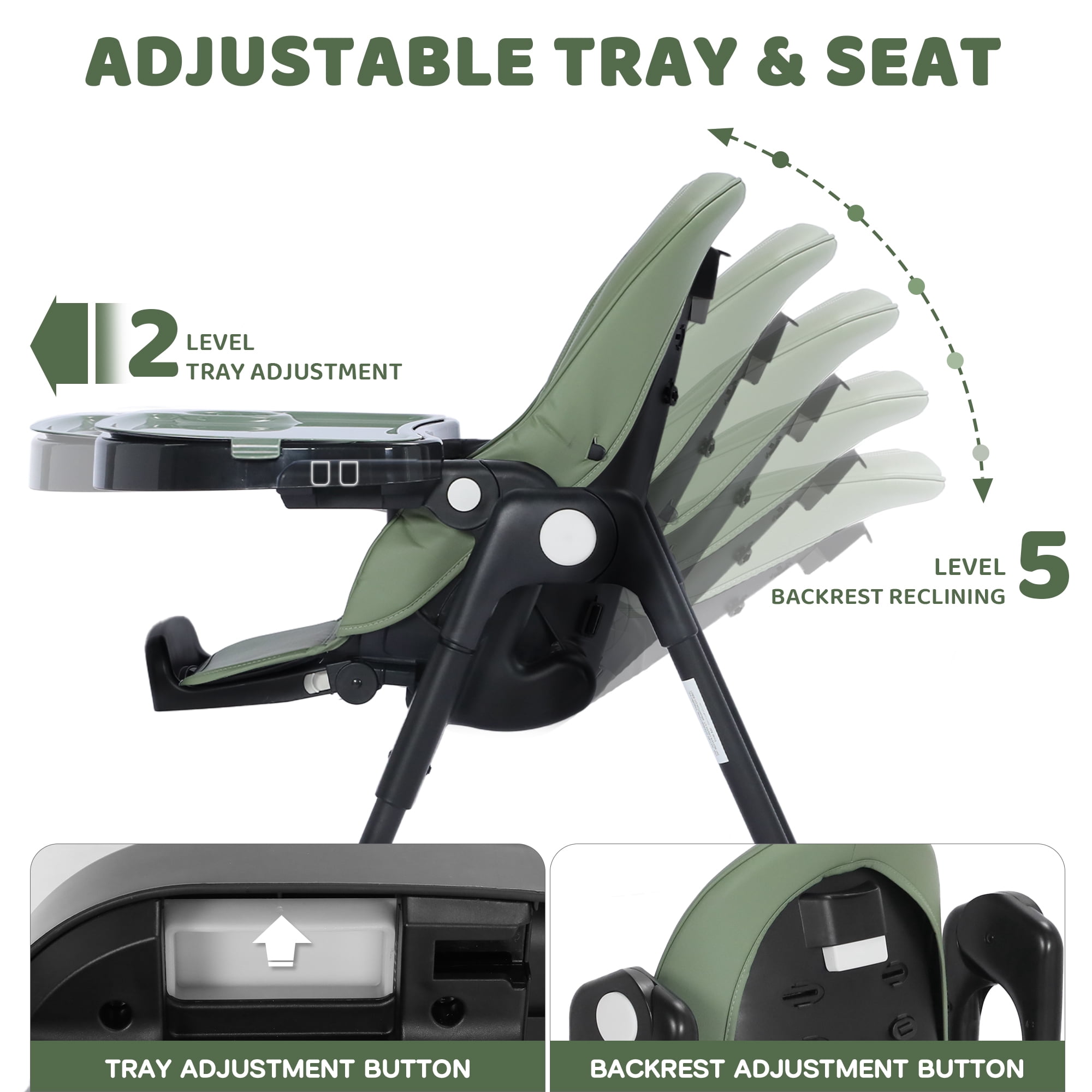 AILEEKISS Foldable Baby High Chair with Detachable Double Trays and Adjustable Recline (Green) xfin6