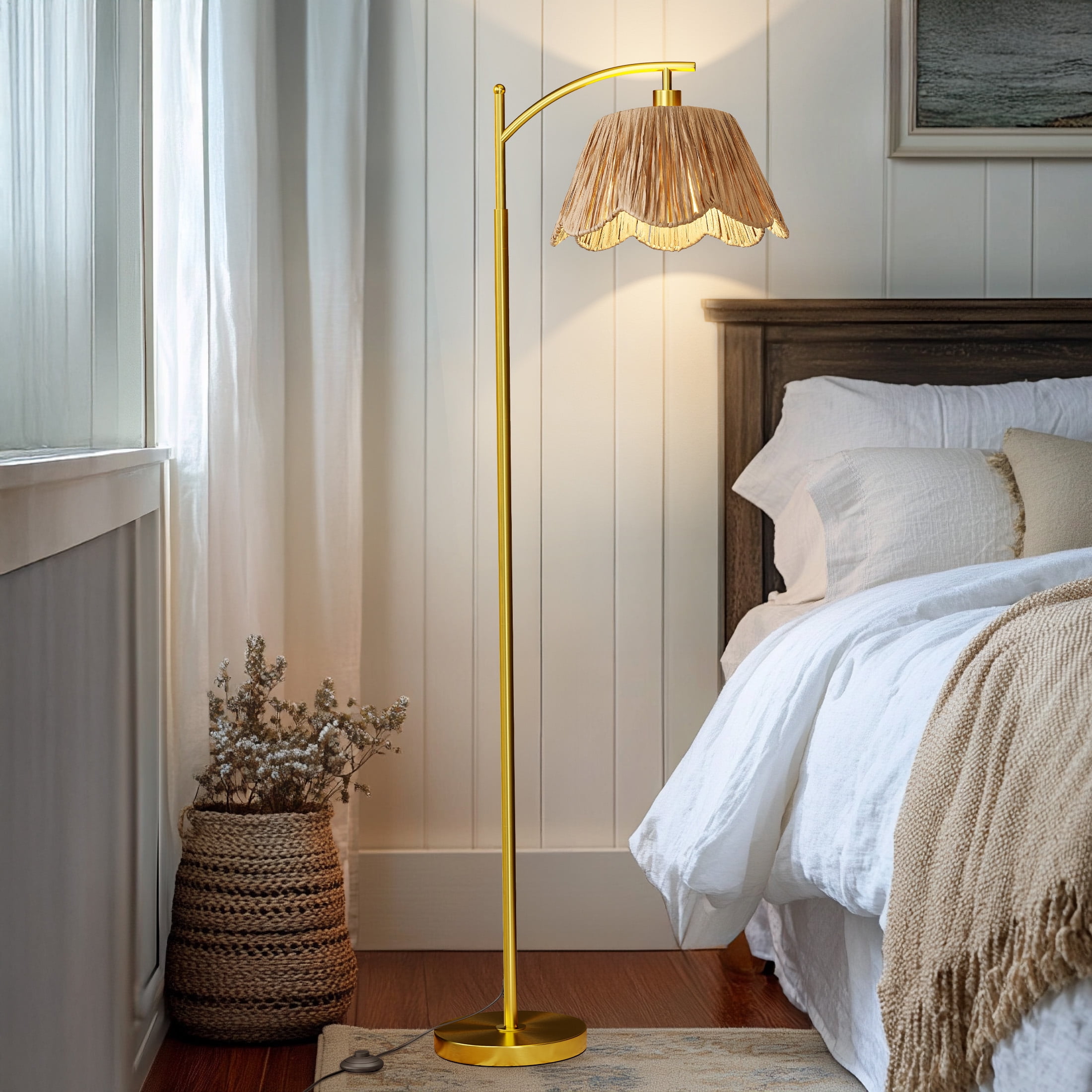 Oneach Boho Floor Lamp, Standing Lamp for Living Room with Floral Raffia Shade (Brown, 62.5 in) fpwhd