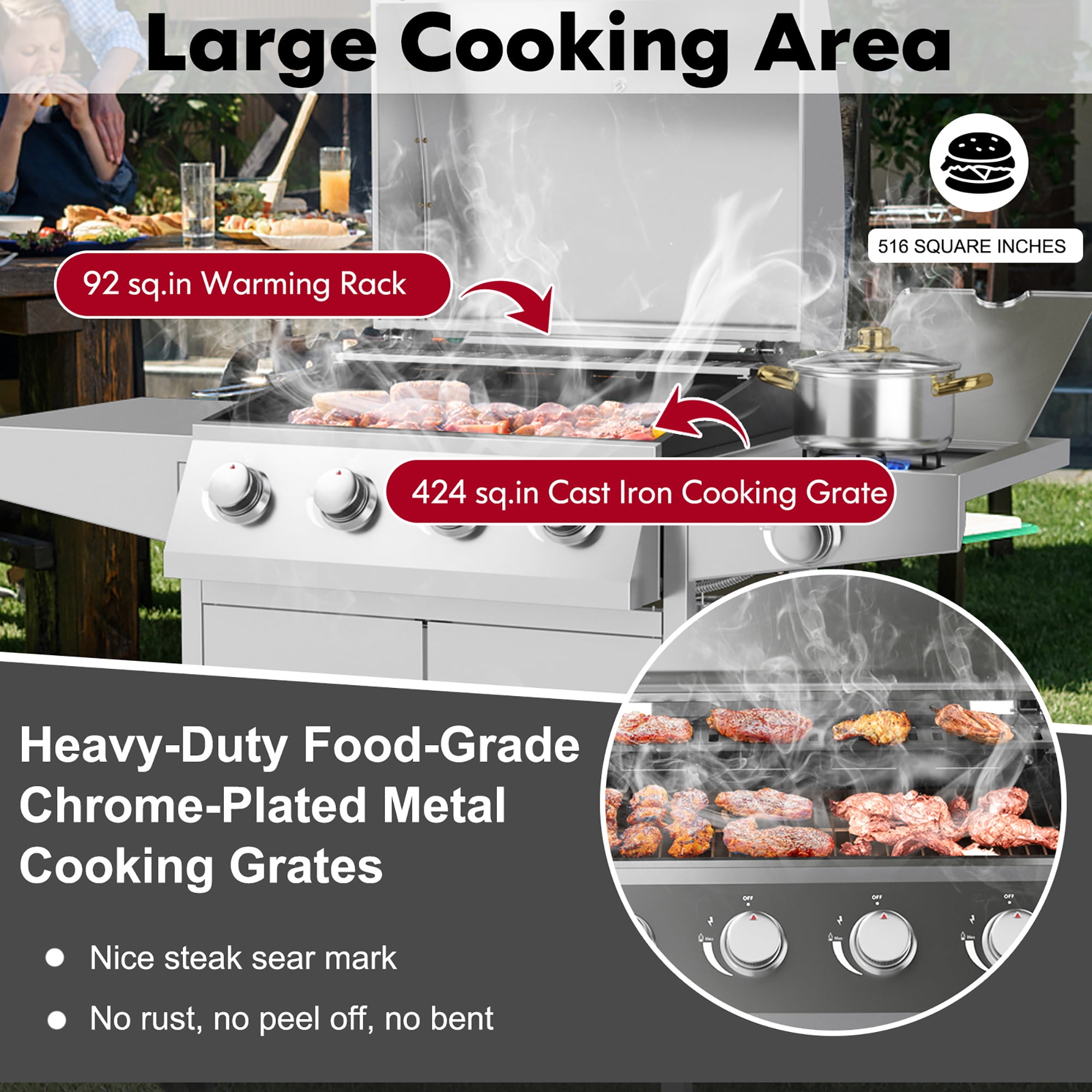 Costway 5-Burner Propane Gas Grill with Side Burner and Prep Table (Silver, 516 sq in) ngiis