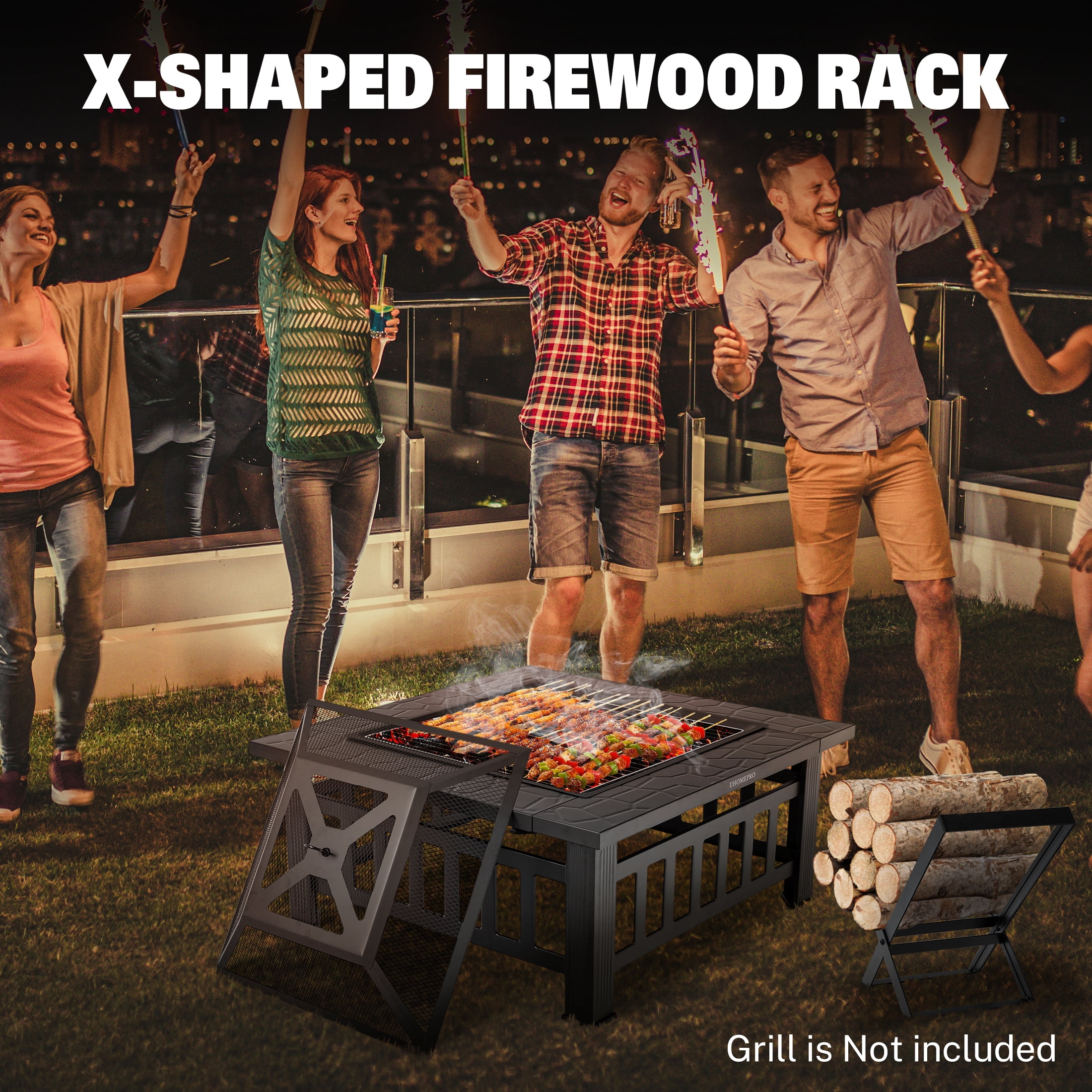 uhomepro 32 in Wood Burning Fire Pit Table with Firewood Rack and BBQ Grill Set (Black, 32 in) 2g8yc