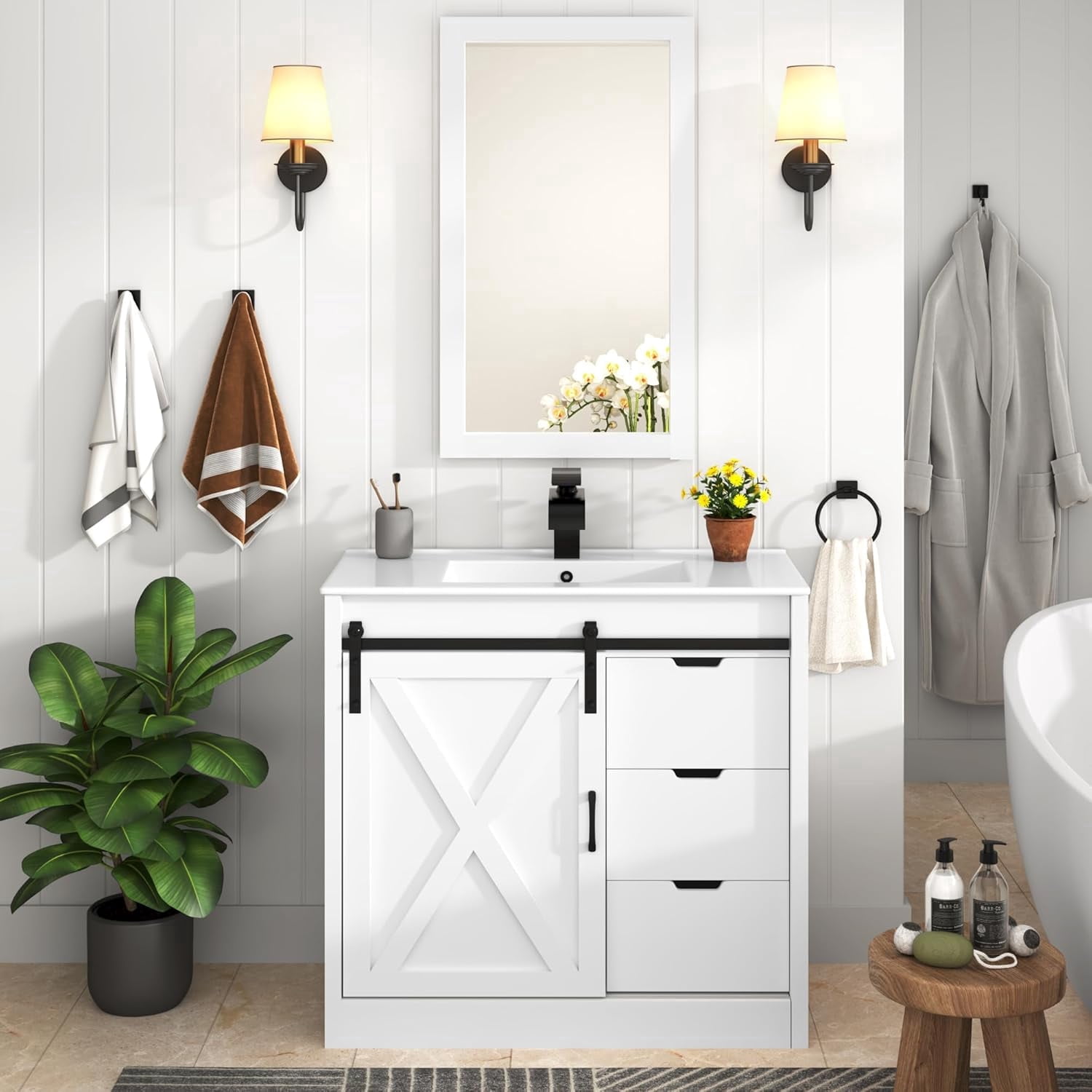 Blotout 36 in Farmhouse Bathroom Vanity Set with Sink, Faucet, and Mirror (White, 36 in) 2eh9x