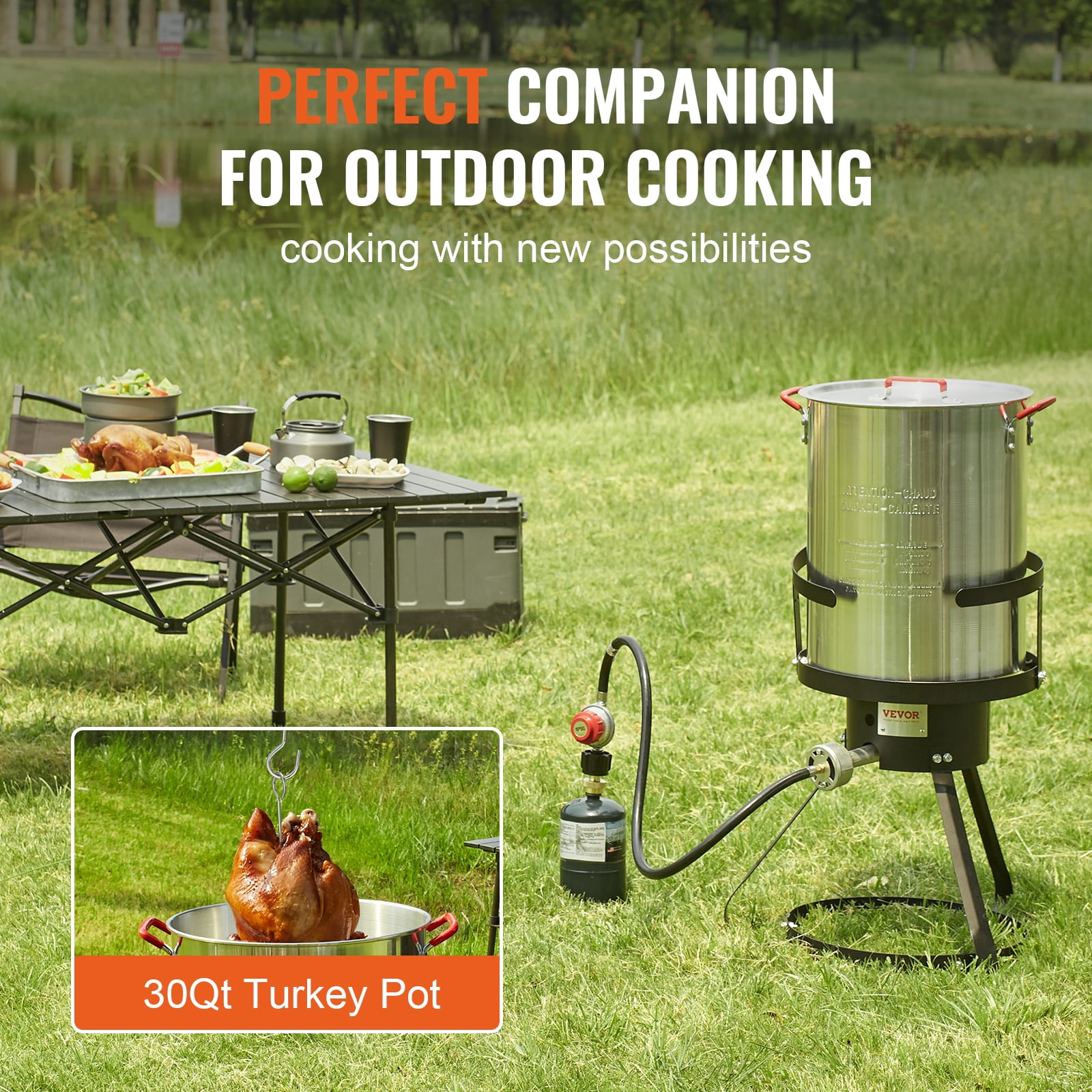 VEVOR 30 Qt Turkey Deep Fryer Propane Boiler Steamer Stock Pot (Silver, 30 qt) q7lca