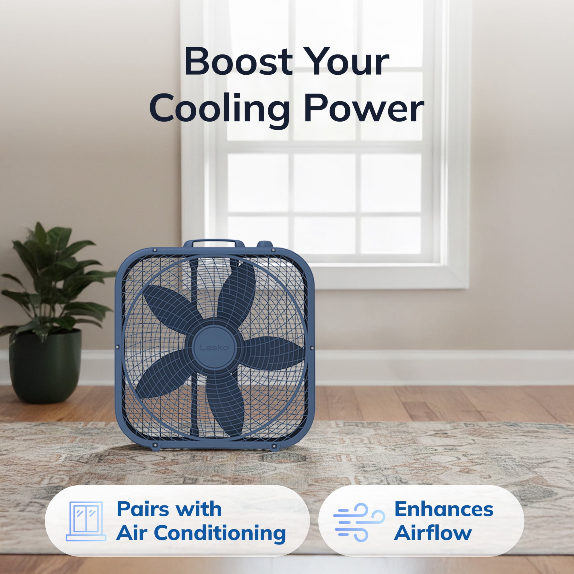 Lasko 20 in Cool Colors Classic Box Fan, Portable Floor or Window Cooling Fan with 3 Speeds (Laguna Blue, 20 in) f4r3m