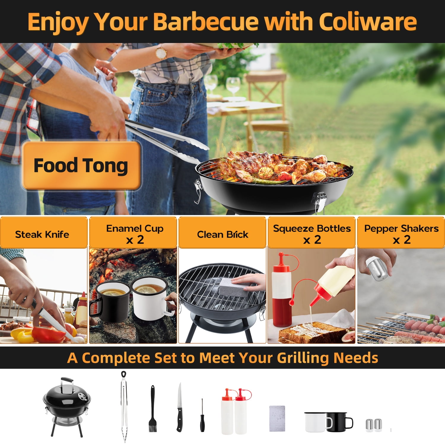 Coliware Portable Charcoal Grill, Enamel Coated Kettle Smoker with Dual Venting System (Black, 14 in) e98l6