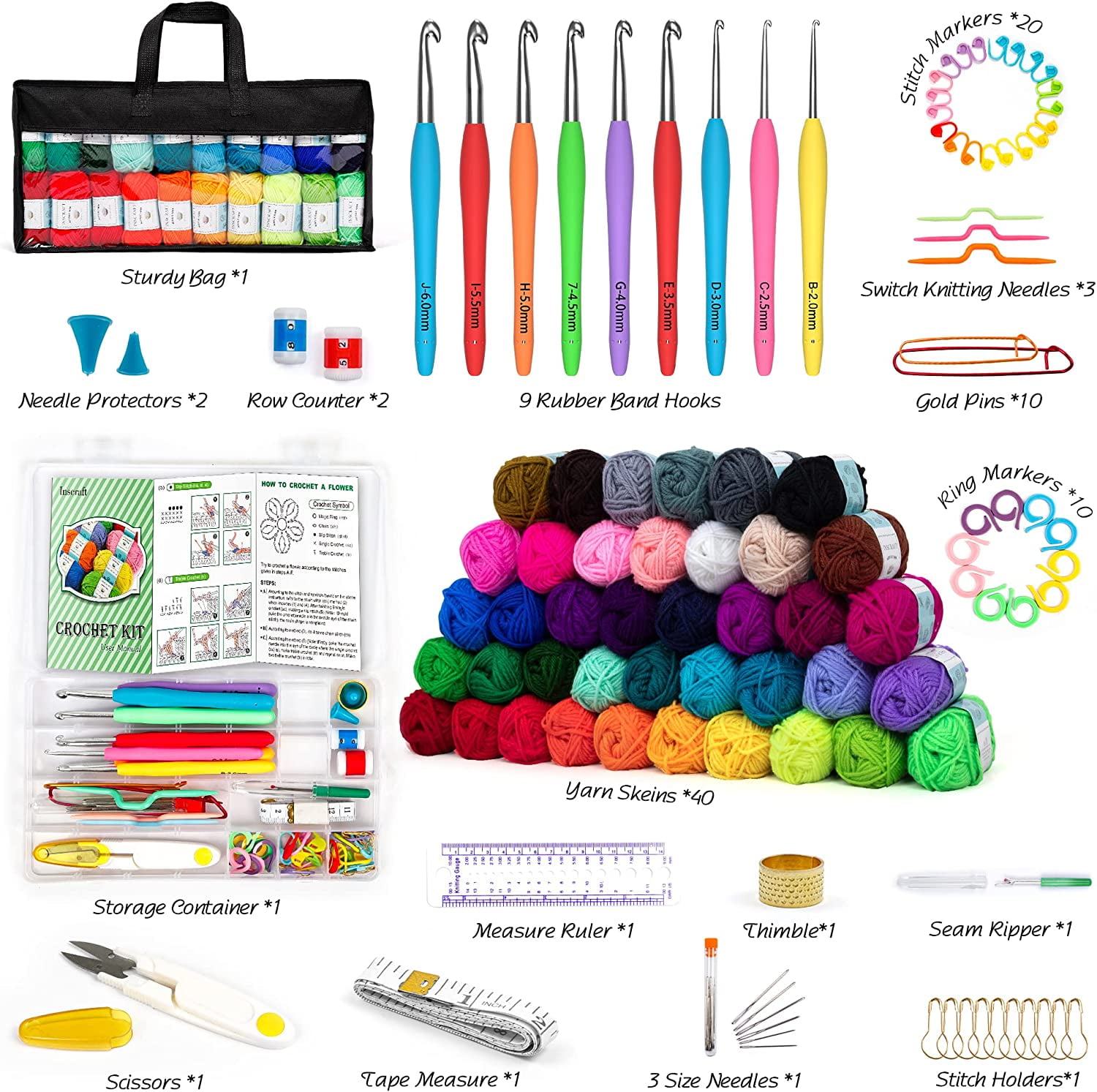 INSCRAFT Crochet Yarn Set with Ergonomic Hooks and Knitting Accessories (113 Piece, 1600 Yards) 59dom