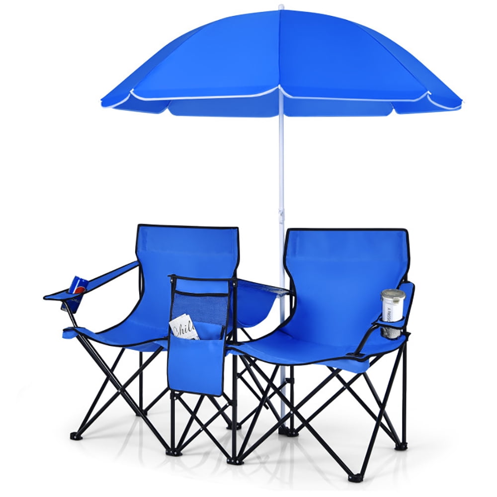 YYAo Double Folding Camping Chair with Umbrella and Cooler Bag (Blue, 2-Seat) 0x3dx