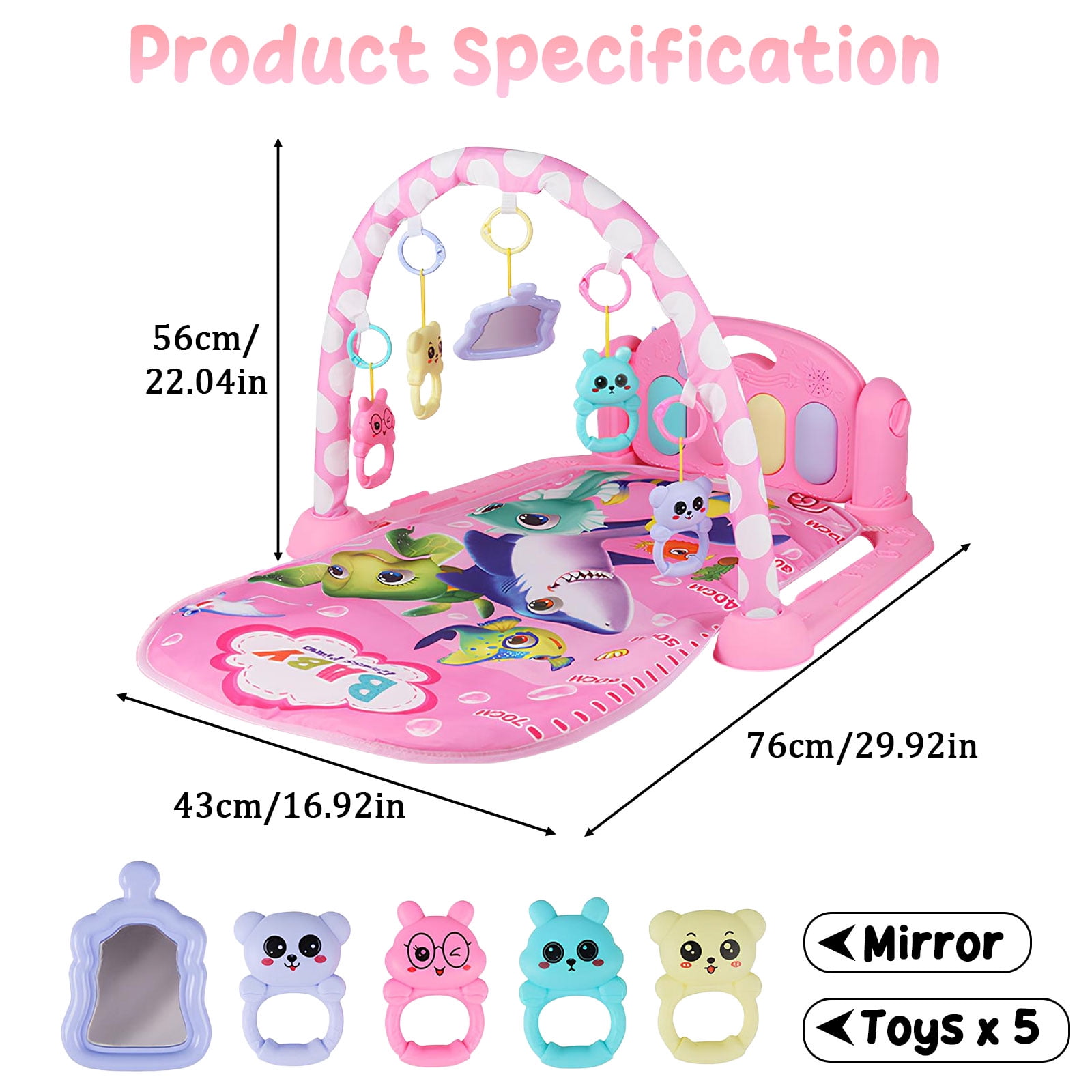 RICHYOUNG Baby Gym Play Mat 3-in-1 Musical Fitness Activity Center with Piano and Hanging Toys (Pink, 30 in x 22 in x 17 in) hbu2g