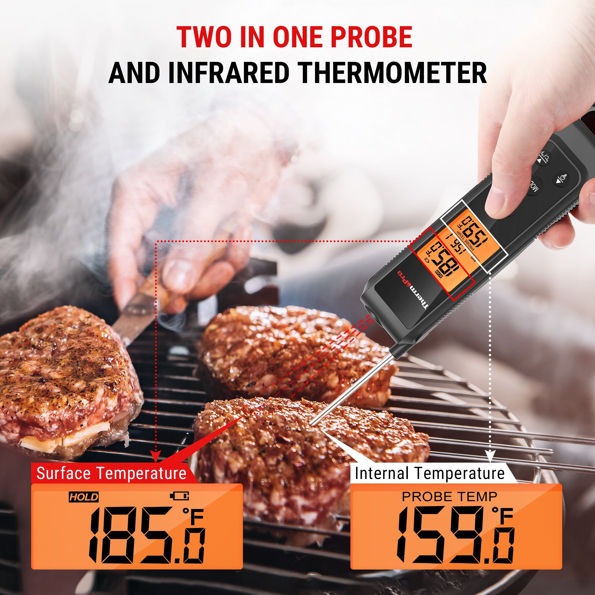 ThermoPro 2-in-1 Infrared Thermometer and Instant Read Meat Probe for Grilling and Baking (Black, 1 Pack) 50ti6