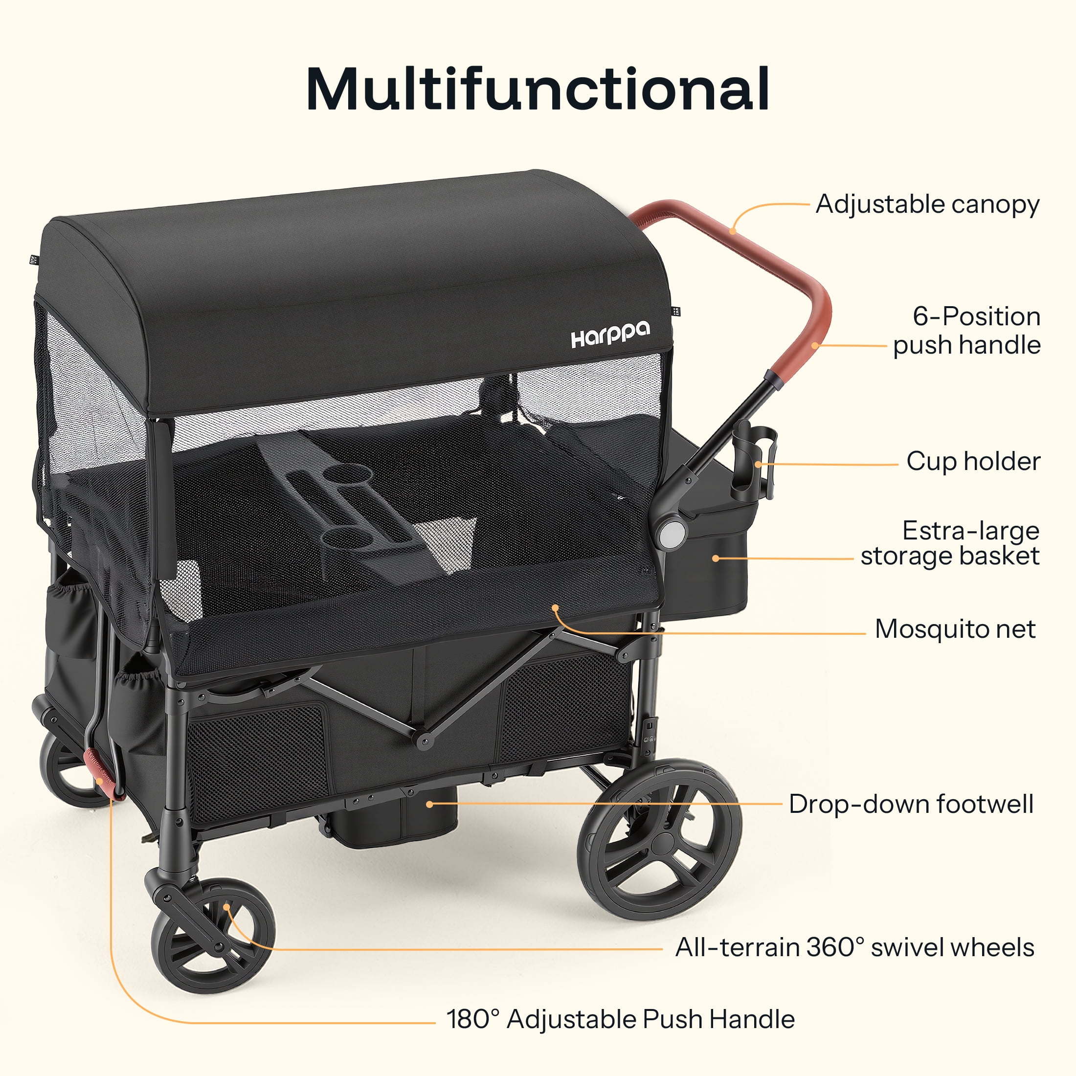 HARPPA Foldable Wagon Stroller for 4 Kids with 5-Point Harness and Canopy (Black) k8gyb - Image 2