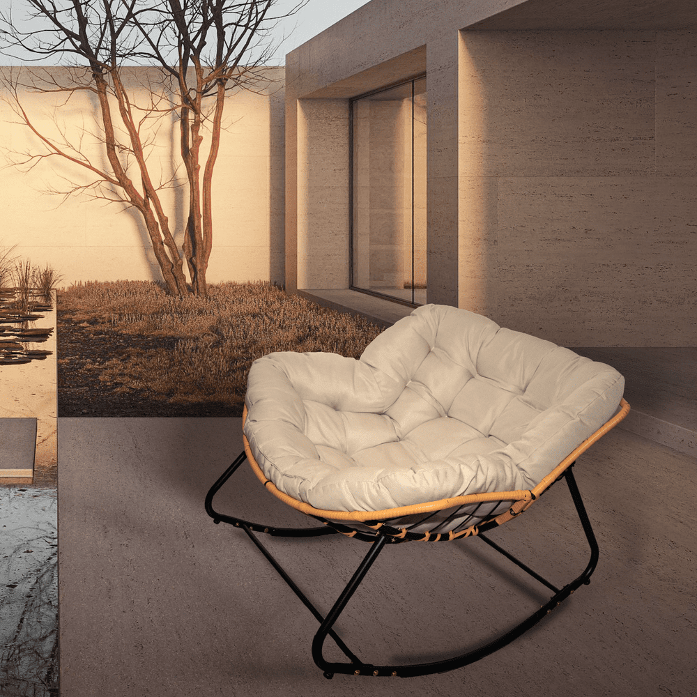 LUMAMIN Oversized Round Glider Rocker Chair, Indoor and Outdoor Rattan Wicker Accent Chair for Living Room and Patio (Beige) o12kz