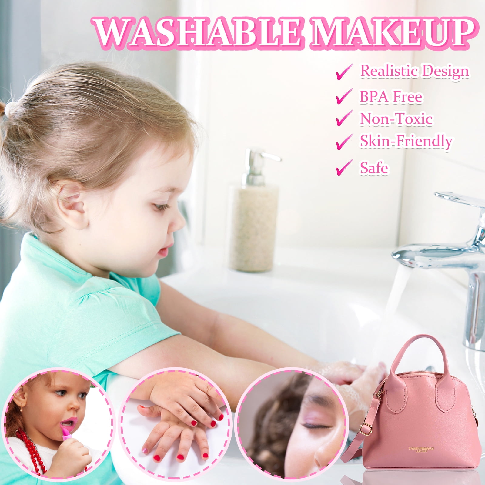 Somnr 31-Piece Kids Pretend Play Purse and Makeup Accessory Set with Musical Toy Phone (Pink, 31-Piece) ci0uu