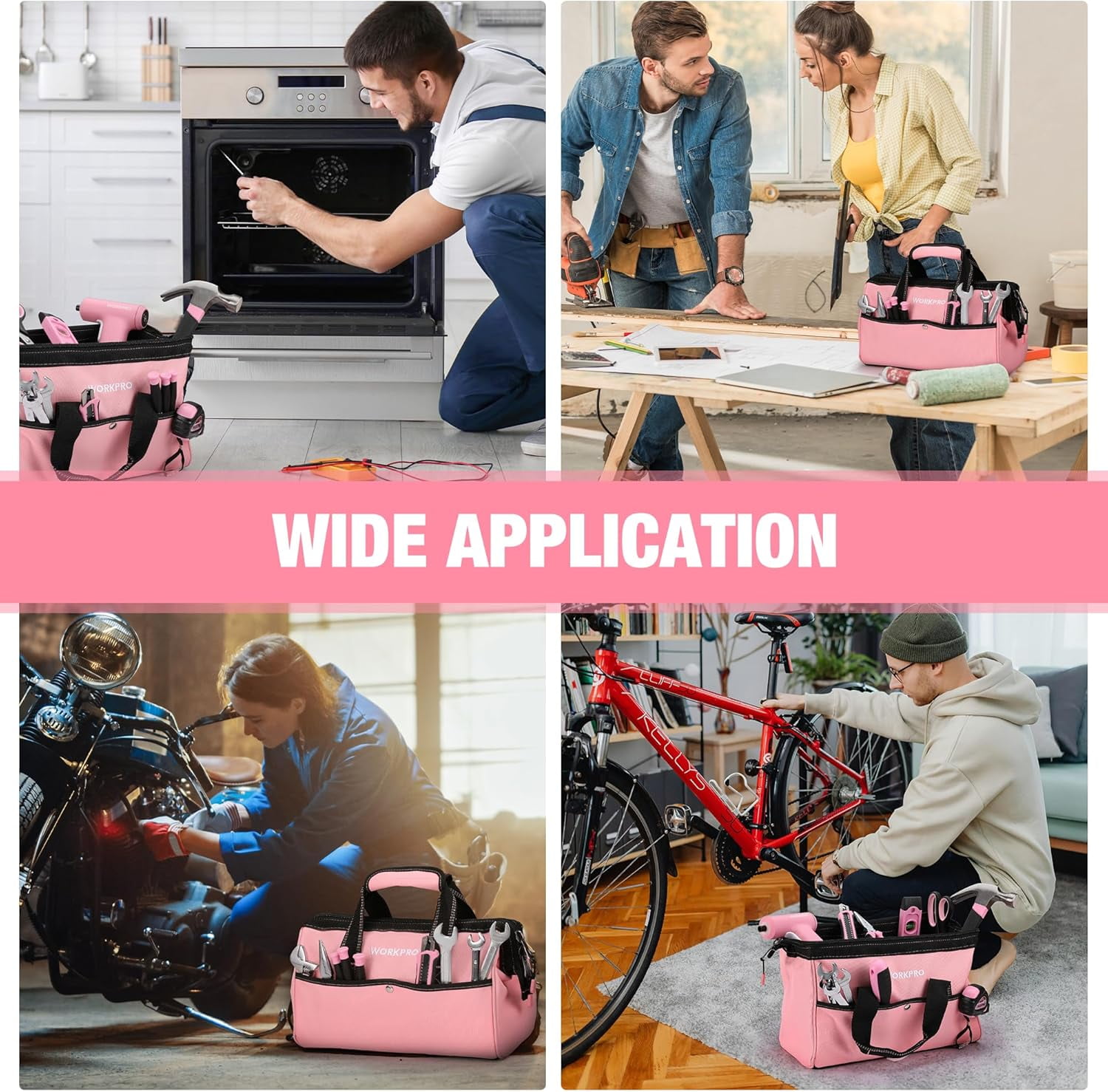 WORKPRO 13-inch Tool Bag, Heavy-Duty Soft Storage Tote with Wide Mouth and Pockets (Pink, 13.38 in x 6.69 in x 8.66 in) 6iikn