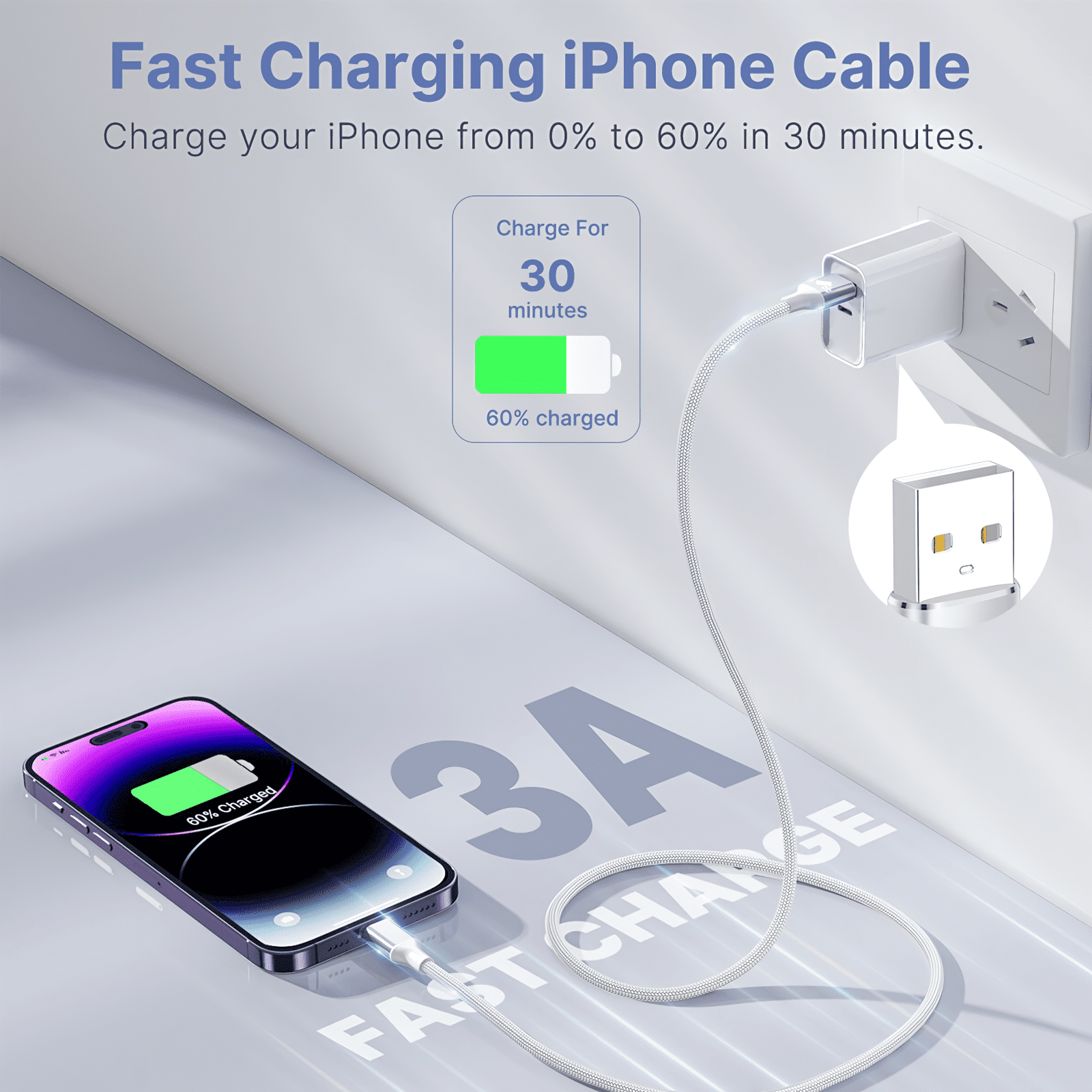 XUDUO iPhone Charger Cable (MFi Certified, Nylon Braided, Fast Charging) (White, 3 Pack, 10 ft) 0ukca