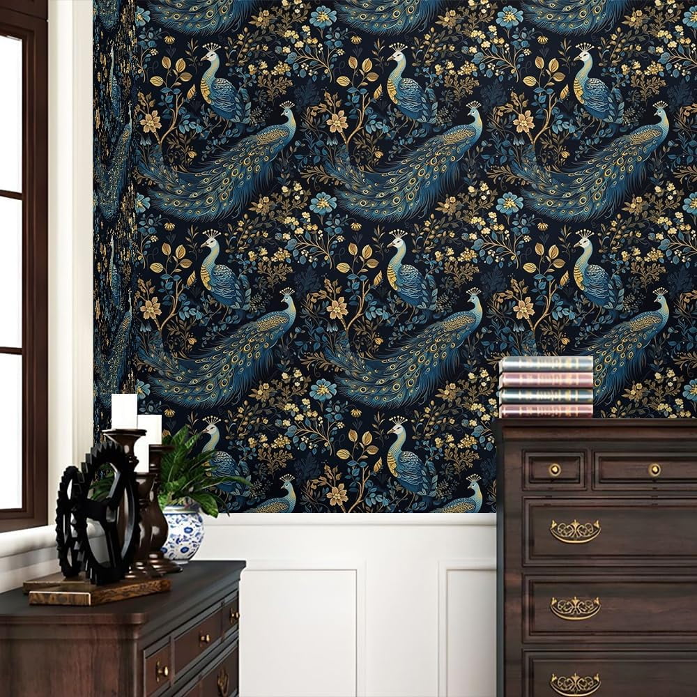 Usachibb Peel and Stick Wallpaper Vintage Peacock Floral Contact Paper for Furniture and Walls (Gold, 17.7 in x 118.1 in) 5b86z