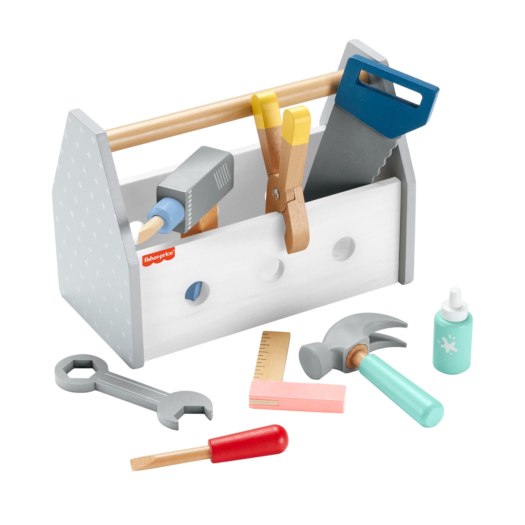 Fisher-Price Wooden Tool Box Set with Toy Drill and Construction Accessories (9 Pieces) 04roq