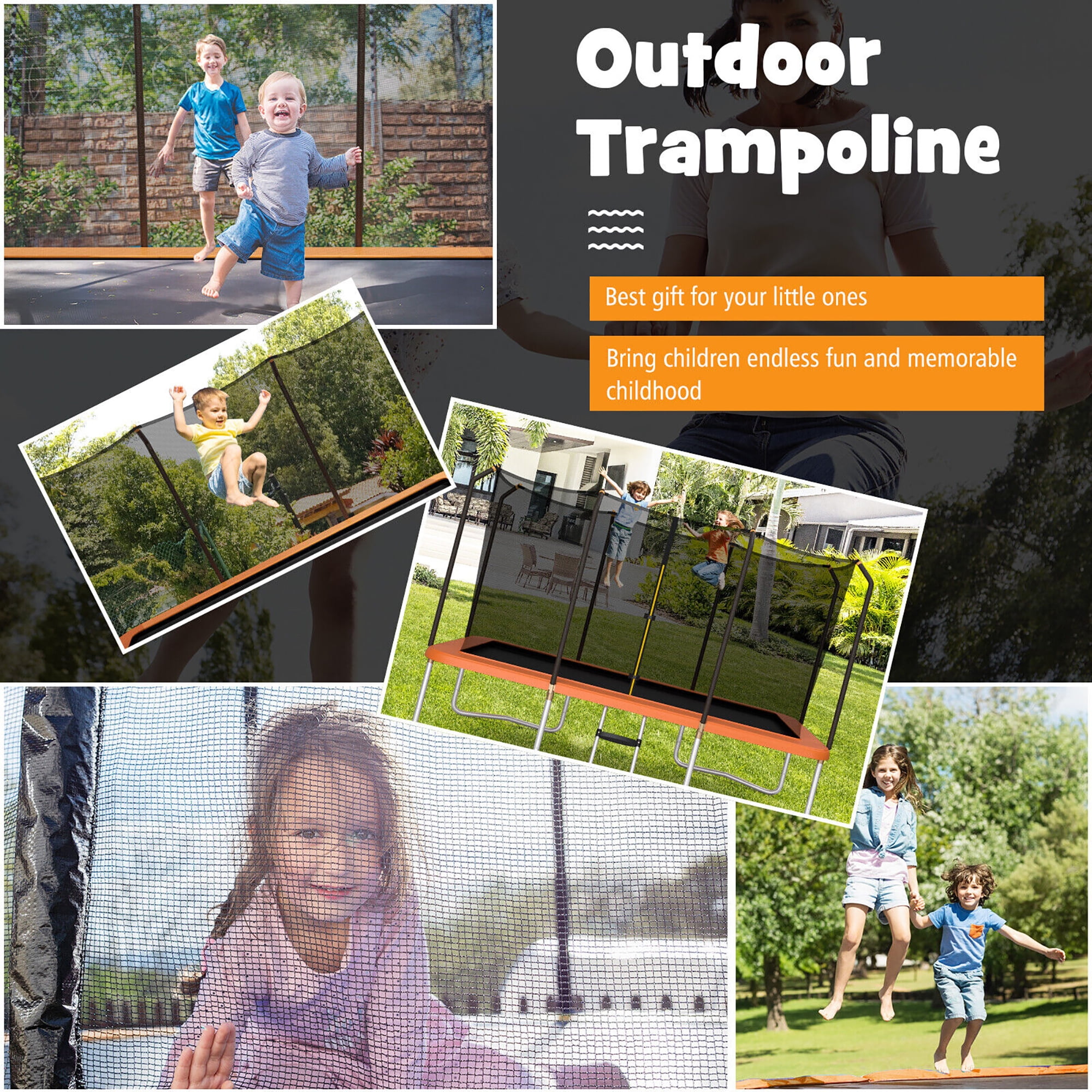 Gymax 8 ft x 14 ft Rectangular Recreational Trampoline with Safety Enclosure Net and Ladder (Orange) zlbq2