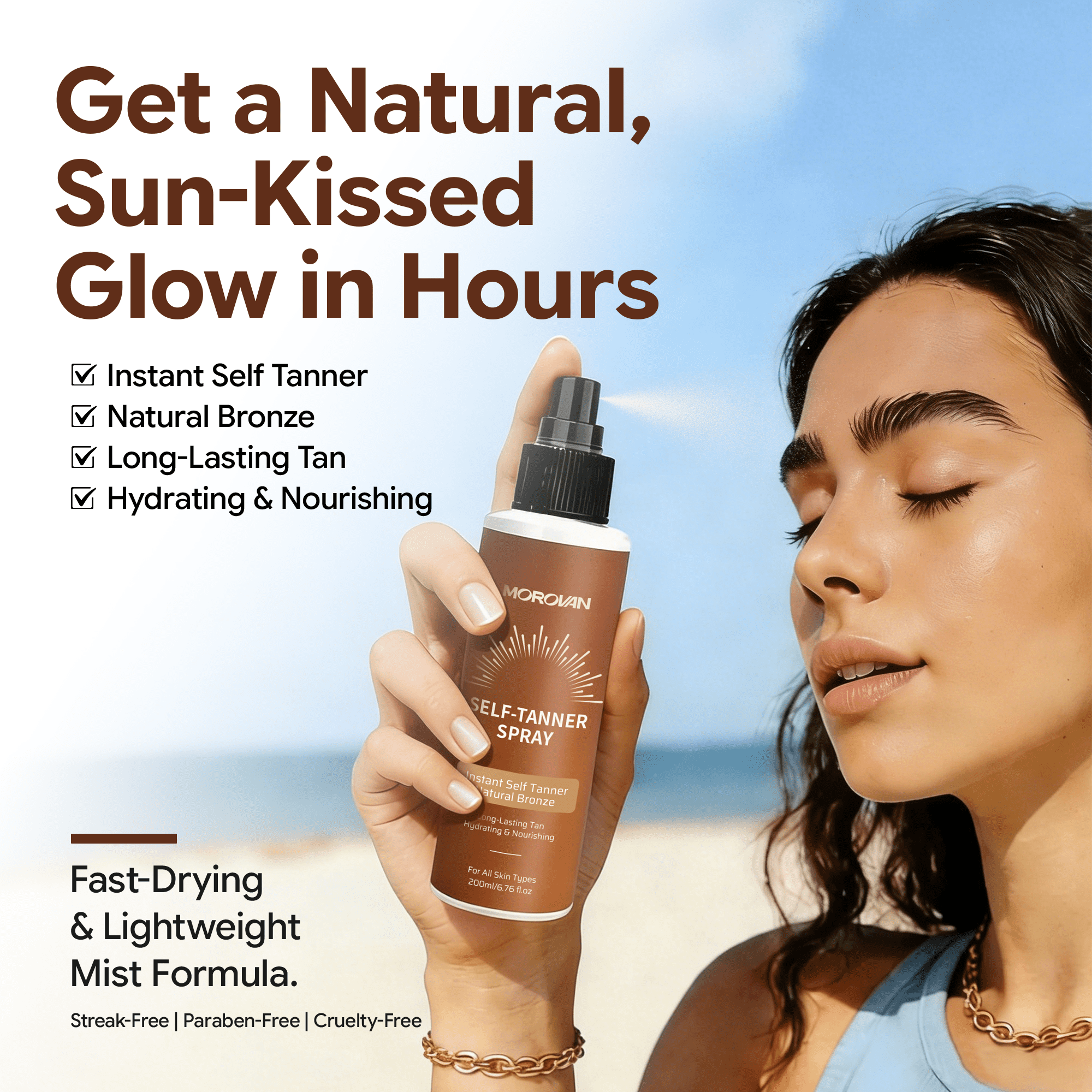 MOROVAN Self-Tanner Spray Instant Natural Bronze, Long-Lasting Streak-Free Glow for Face and Body (6.76 fl oz) d8sk1