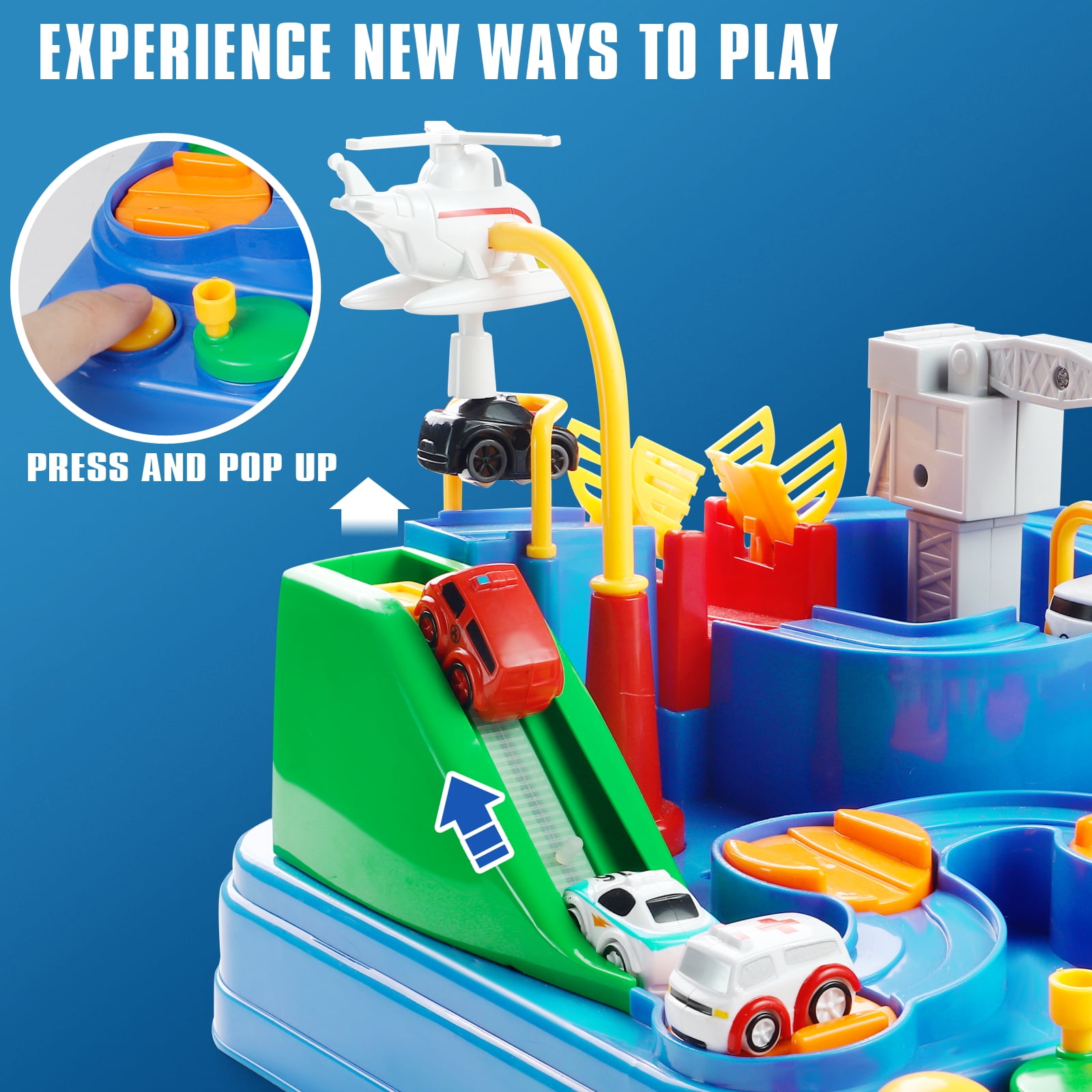 NETNEW Adventure Race Car Track Playset with 4 Mini Vehicles and 1 Helicopter (Blue, 1 Set) p5cmm