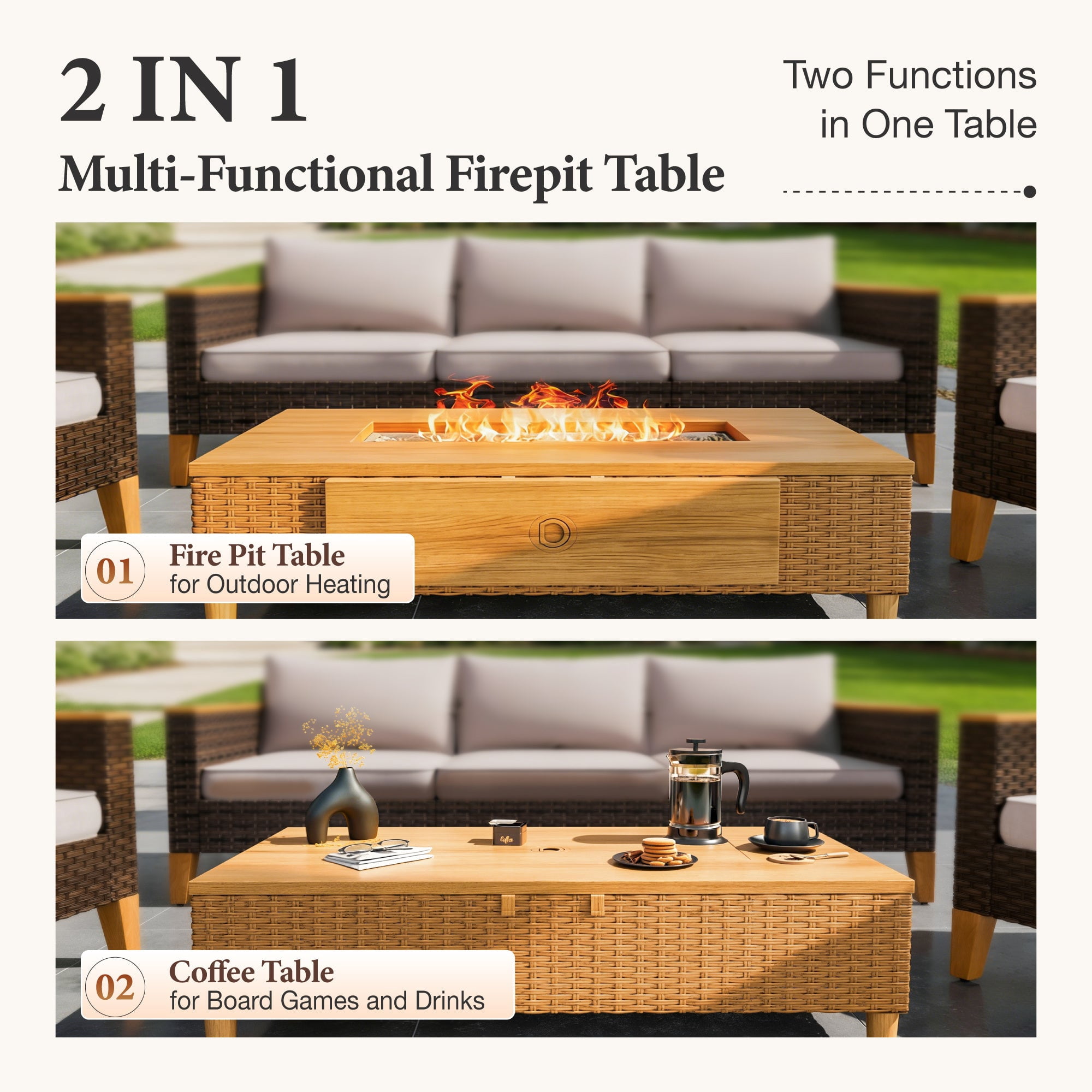Streamlight 5-Piece Wicker Patio Furniture Set with 42 in Fire Pit Table, Outdoor Sectional Conversation Sofa (Yellow and Beige, 5-Piece) 3gxsi