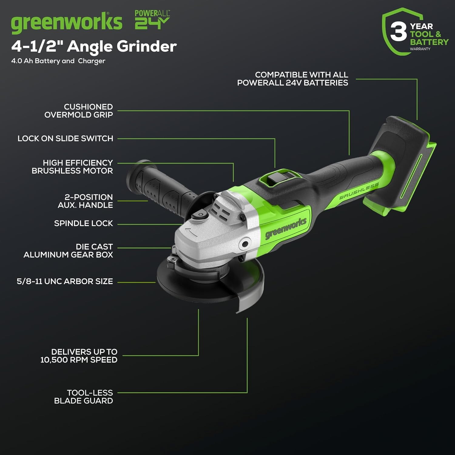 Greenworks 24V Brushless Angle Grinder with 4Ah USB Battery and Charger (Green, 4.5 in) h0a5u