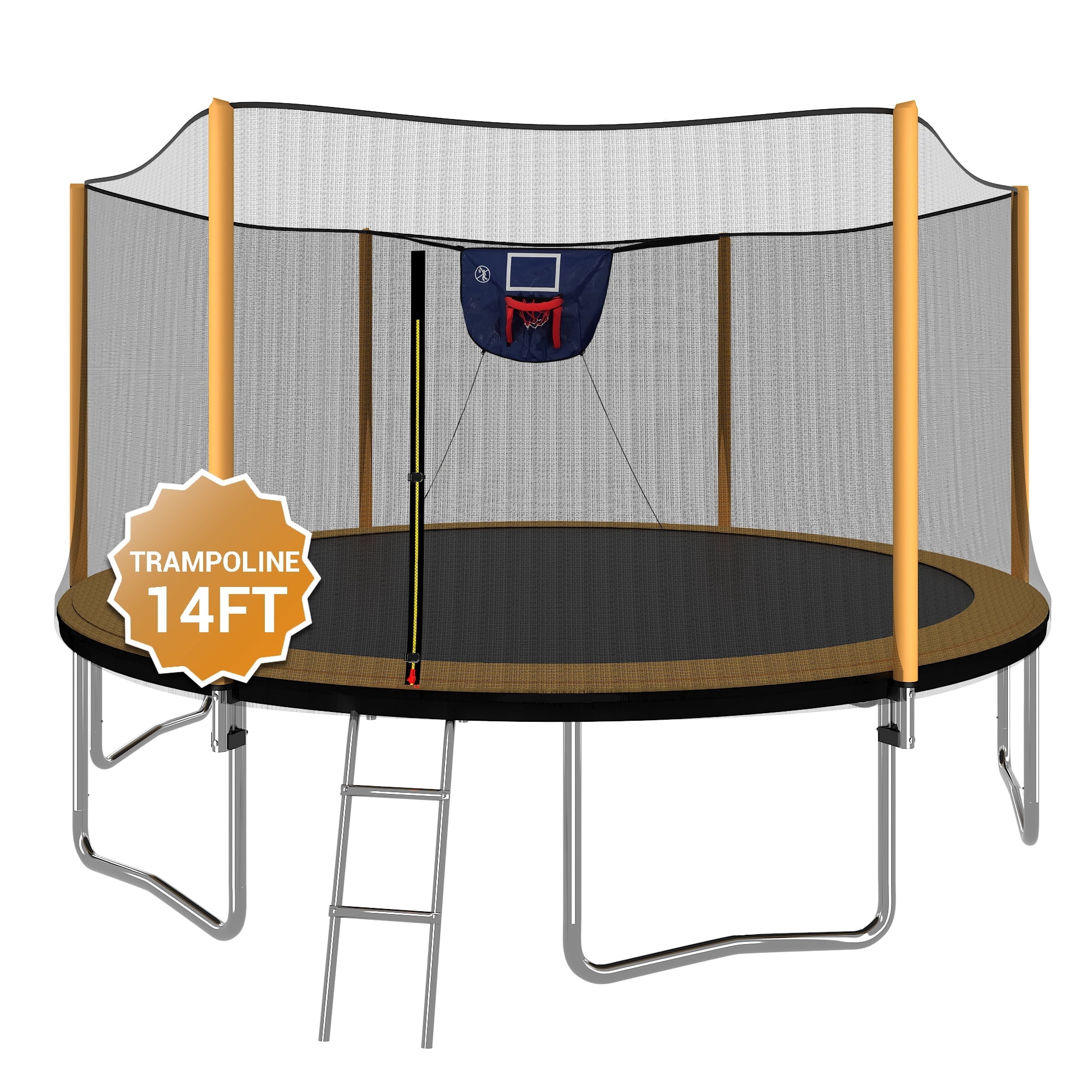SUNRINX 14ft Outdoor Trampoline with Basketball Hoop, Safety Enclosure, and Ladder (Orange, 14ft) voq7p